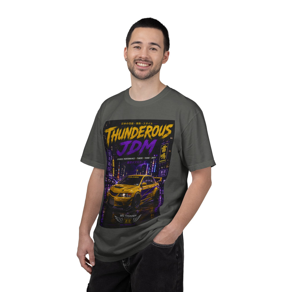 Thunderous JDM Racing T-Shirt — Neon Night Skyline Car Graphic