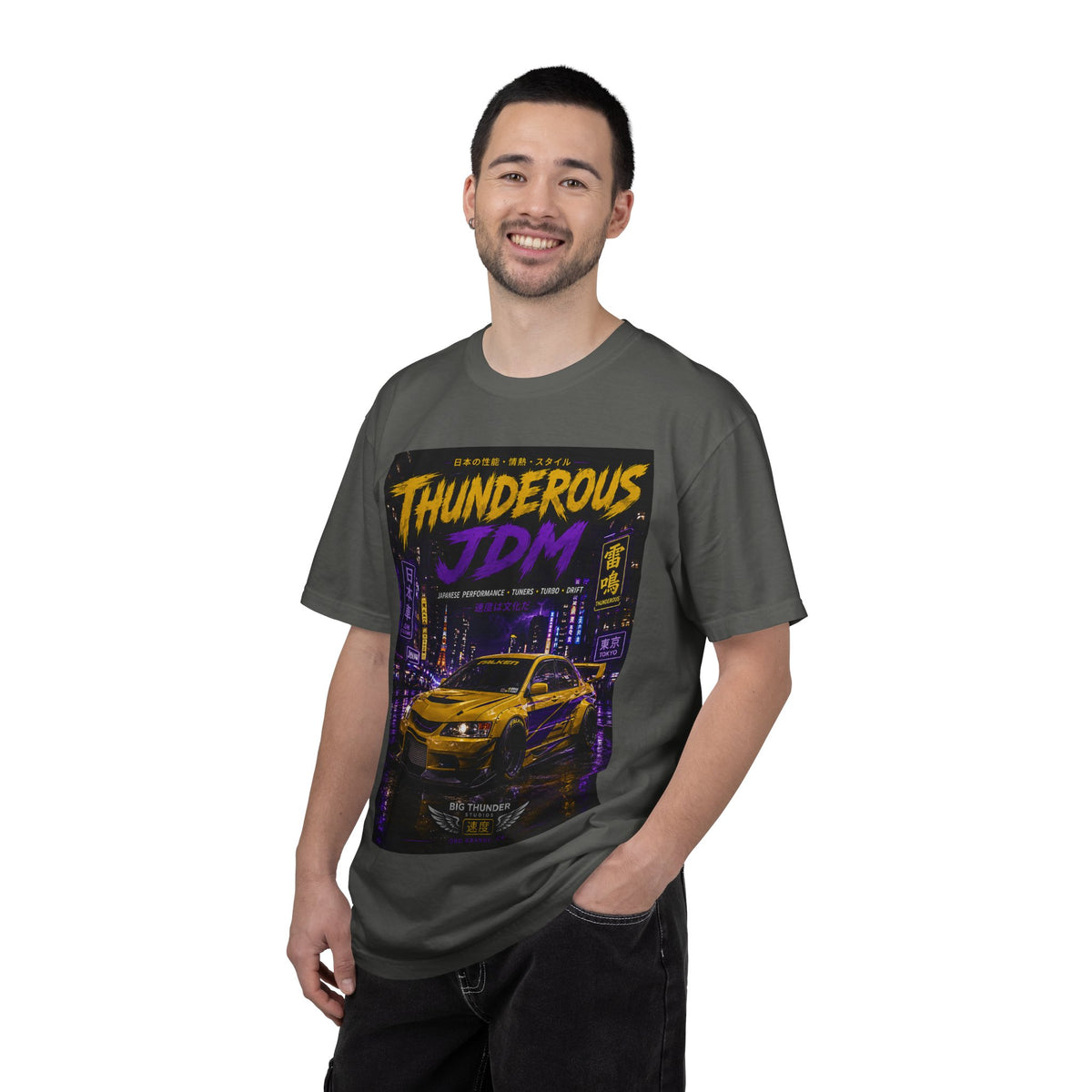 Thunderous JDM Racing T-Shirt — Neon Night Skyline Car Graphic