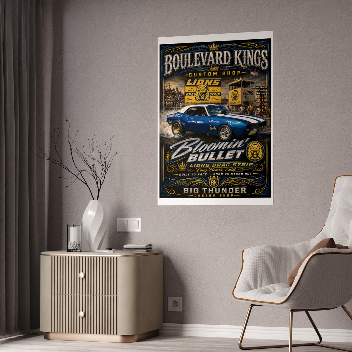 Boulevard Kings Vintage Muscle Car Gloss Poster — "Bloomin' Bullet" Drag Strip Art