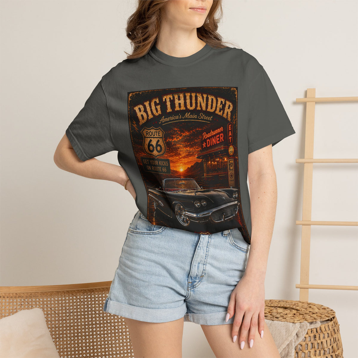 Route 66 Big Thunder | Black Roadside Convertible Graphic T-Shirt