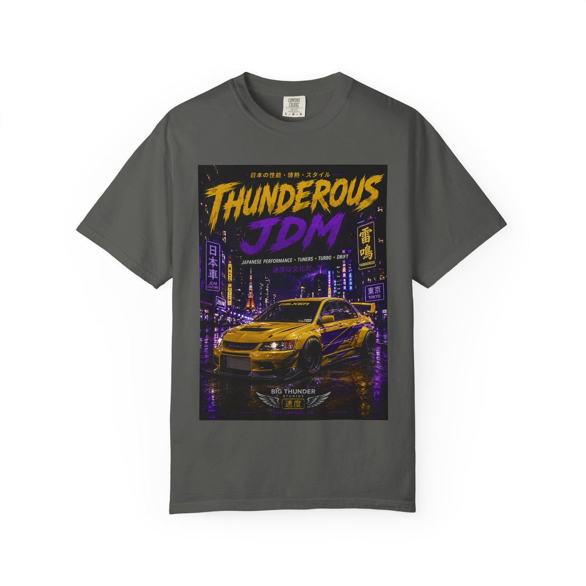 Thunderous JDM Racing T-Shirt — Neon Night Skyline Car Graphic