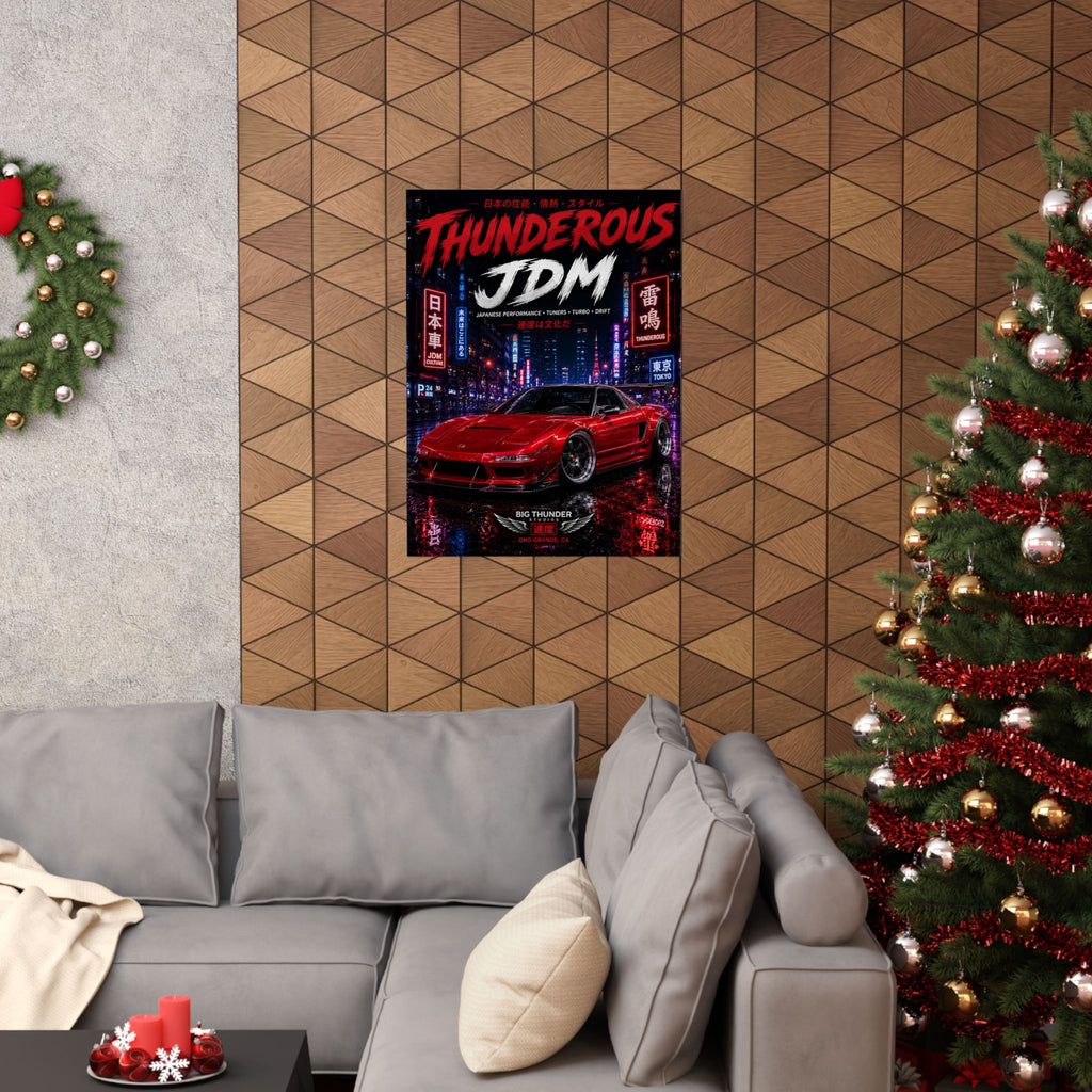 Thunderous JDM Poster — Red Retro Nissan Sports Car Matte Vertical Print