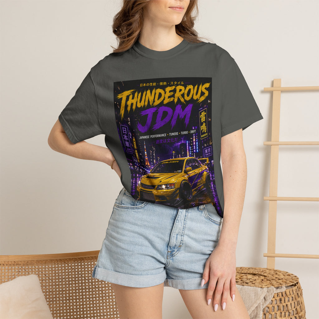 Thunderous JDM Racing T-Shirt — Neon Night Skyline Car Graphic