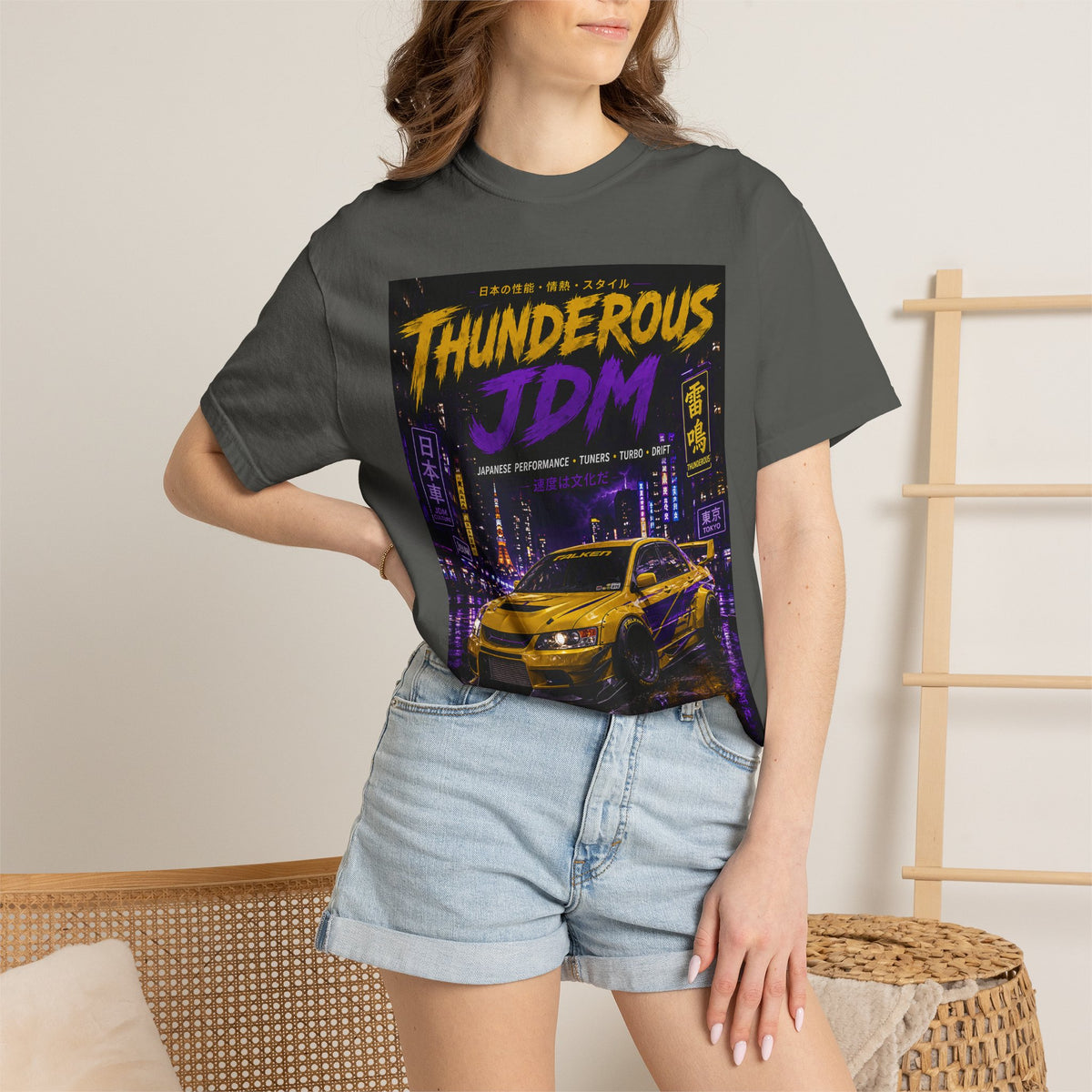 Thunderous JDM Racing T-Shirt — Neon Night Skyline Car Graphic