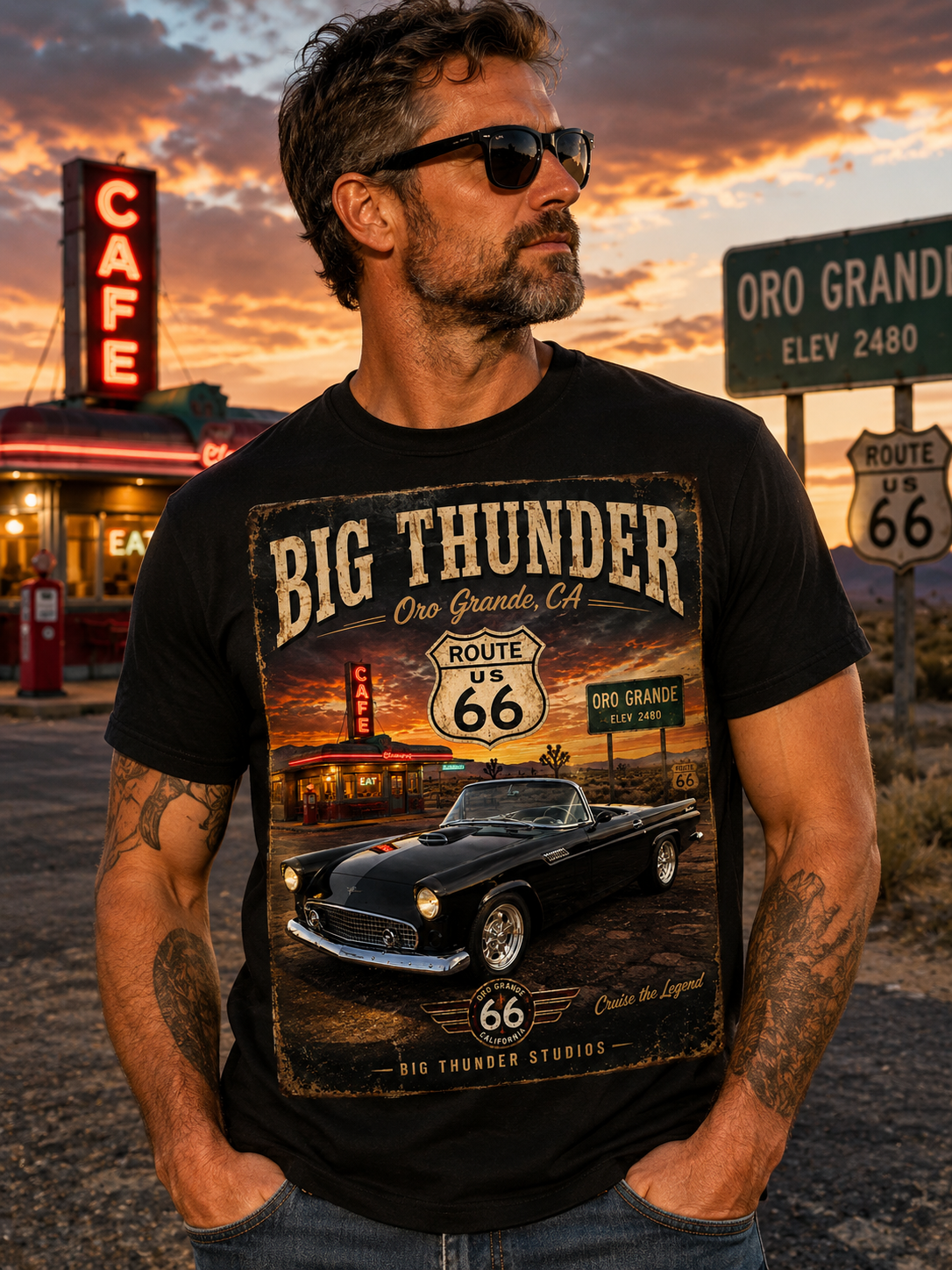 Route 66 Big Thunder | Black Convertible Graphic T-Shirt