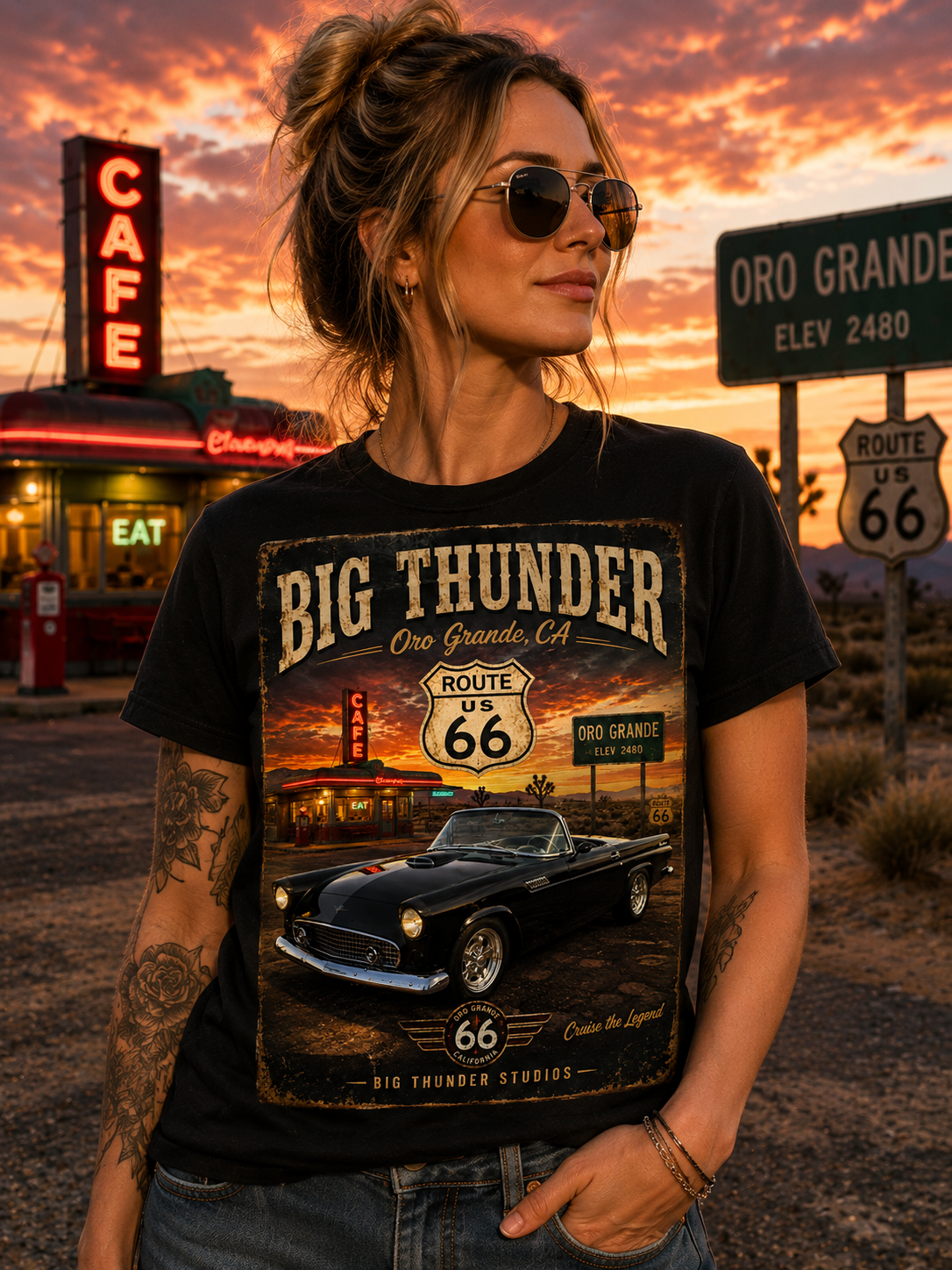 Route 66 Big Thunder | Black Convertible Graphic T-Shirt