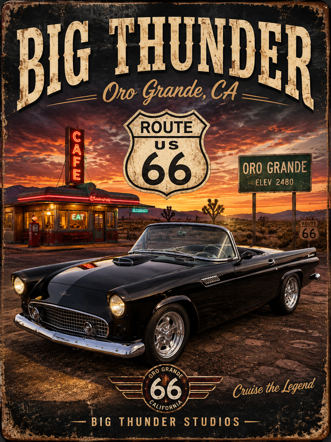 Route 66 Big Thunder | Black Convertible Graphic T-Shirt