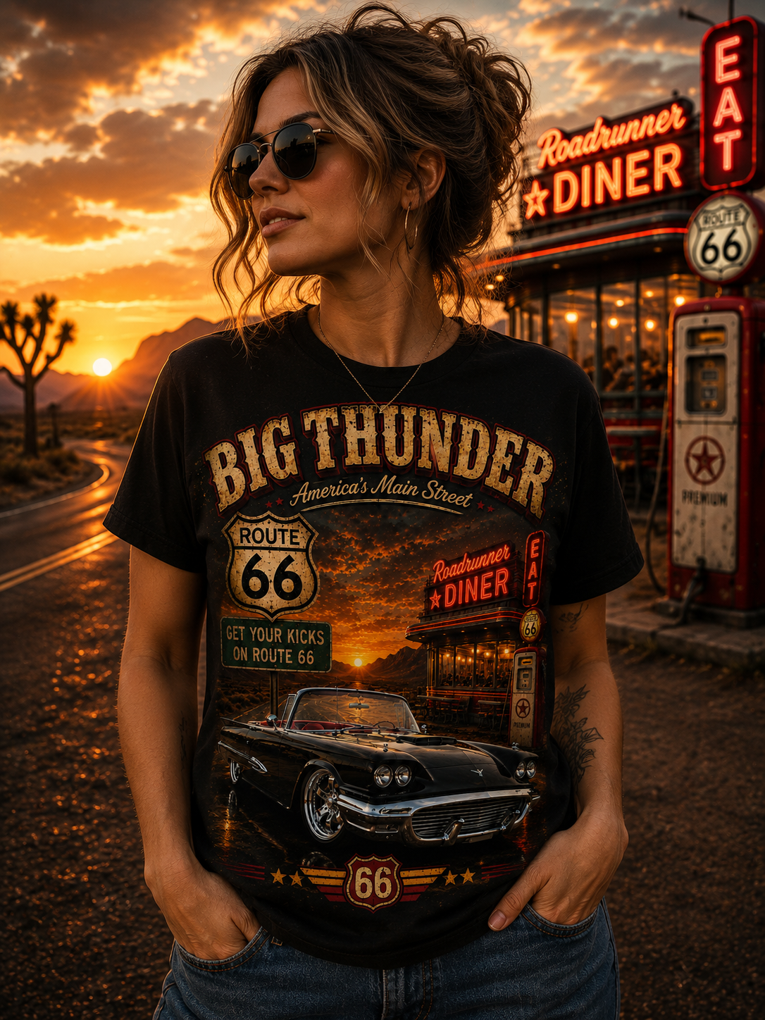 Route 66 Big Thunder | Black Roadside Convertible Graphic T-Shirt
