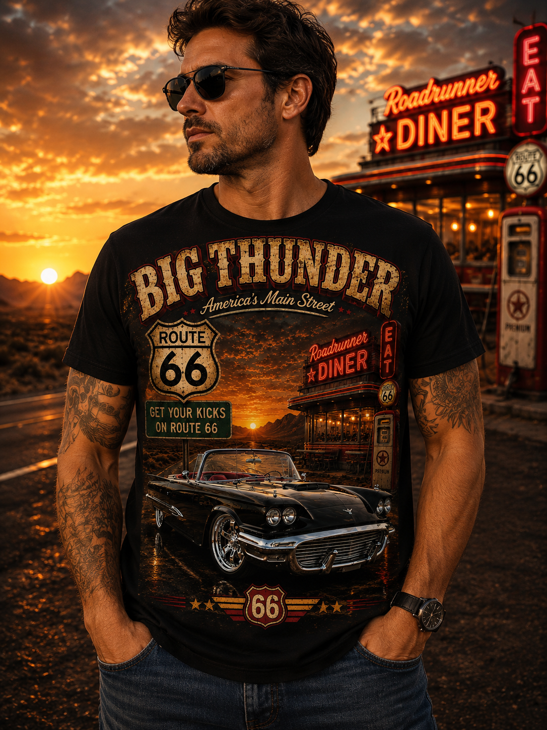 Route 66 Big Thunder | Black Roadside Convertible Graphic T-Shirt