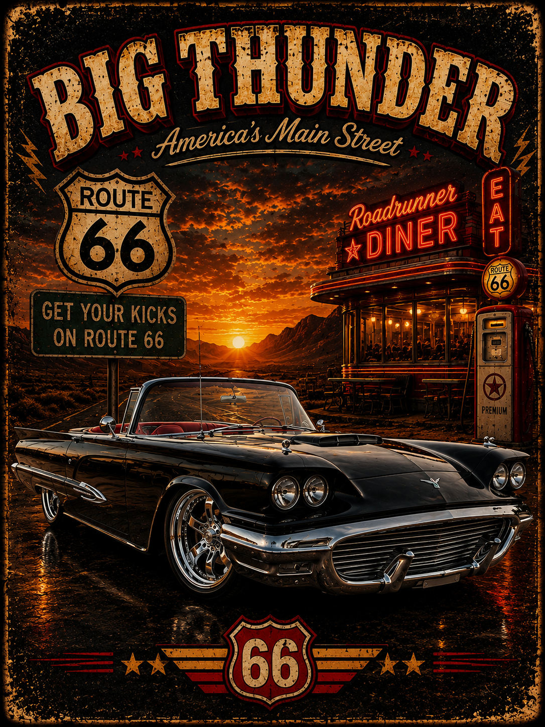 Route 66 Big Thunder | Black Roadside Convertible Graphic T-Shirt