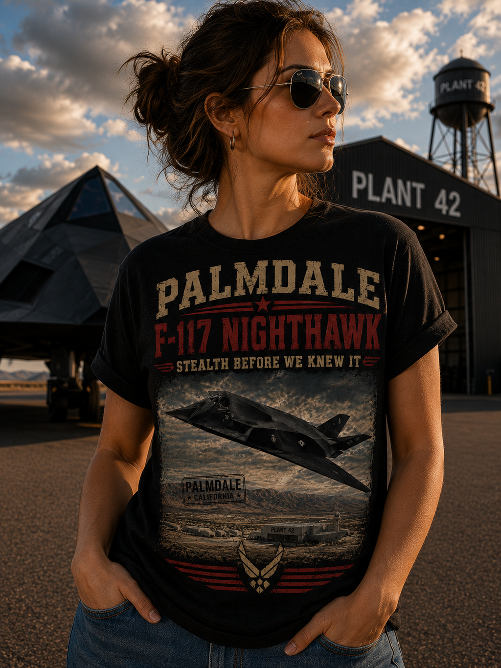 Palmdale F-117 Nighthawk Stealth Graphic T-Shirt | Military Aircraft Poster