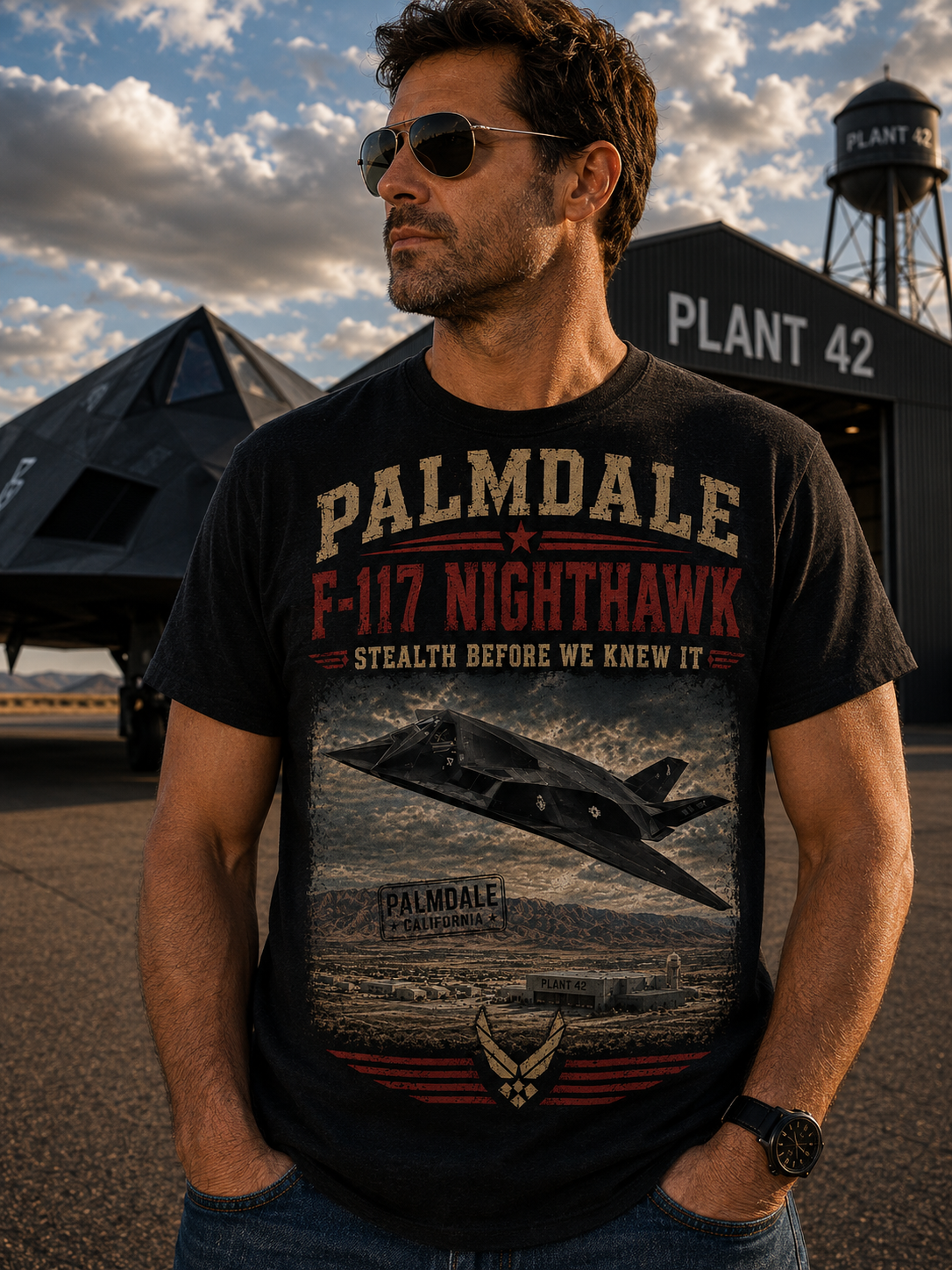Palmdale F-117 Nighthawk Stealth Graphic T-Shirt | Military Aircraft Poster