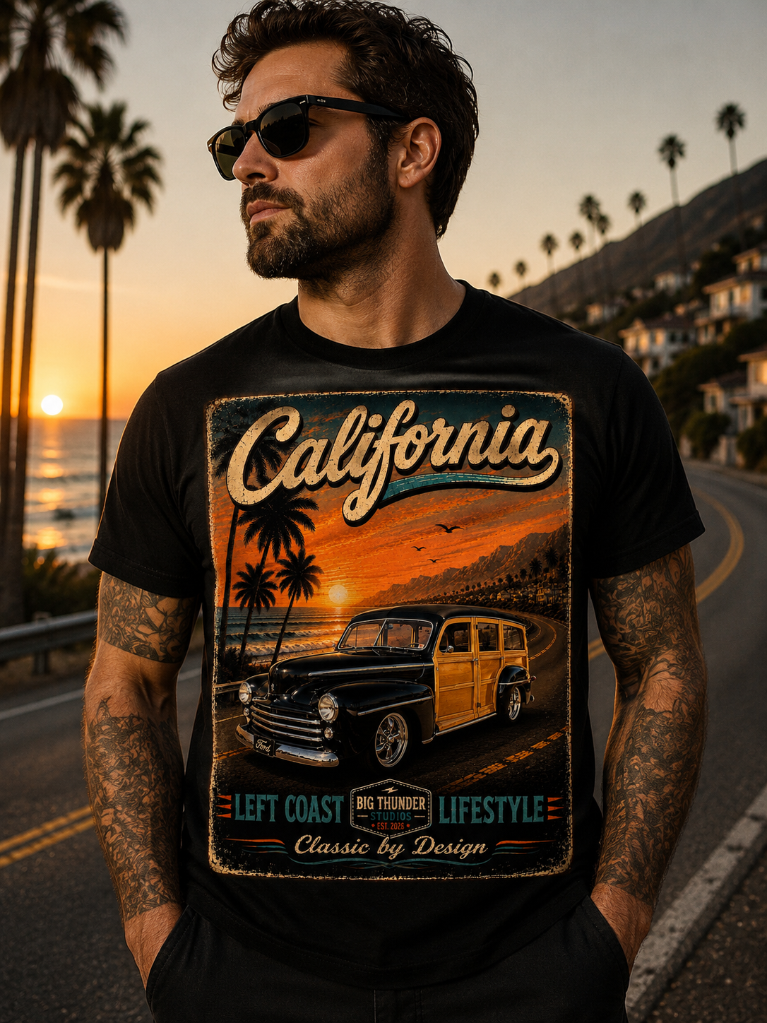 California Woody Surf Poster T-Shirt | Retro Sunset Palm Beach Life