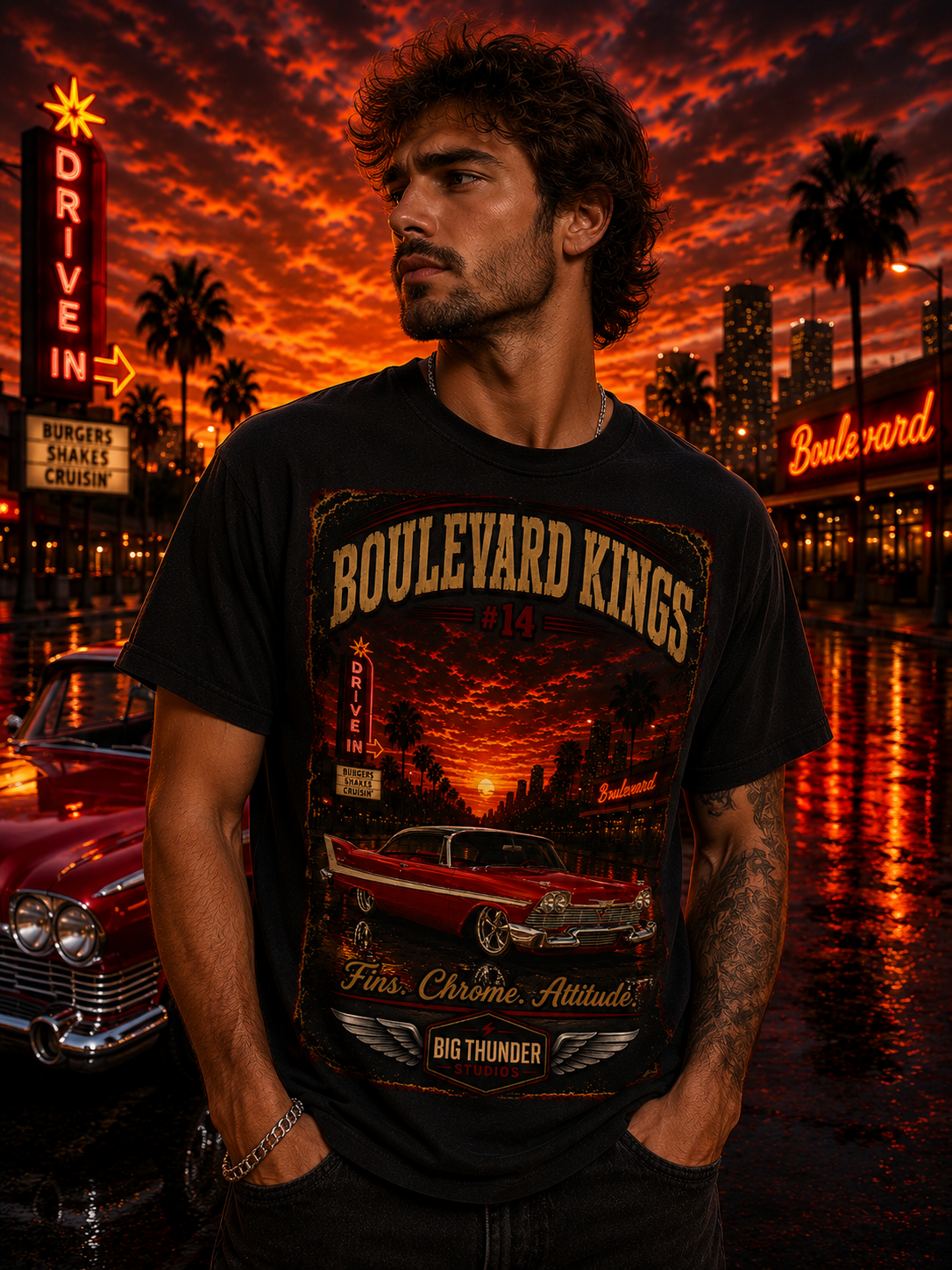 Big Thunder Boulevard Kings #14 | Classic Car Lowrider Graphic T-Shirt