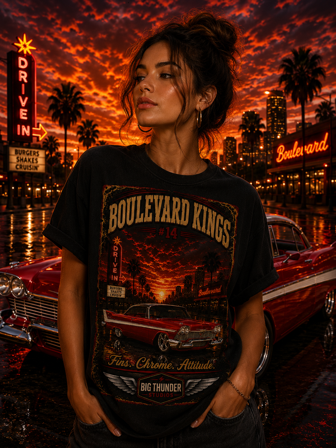 Big Thunder Boulevard Kings #14 | Classic Car Lowrider Graphic T-Shirt