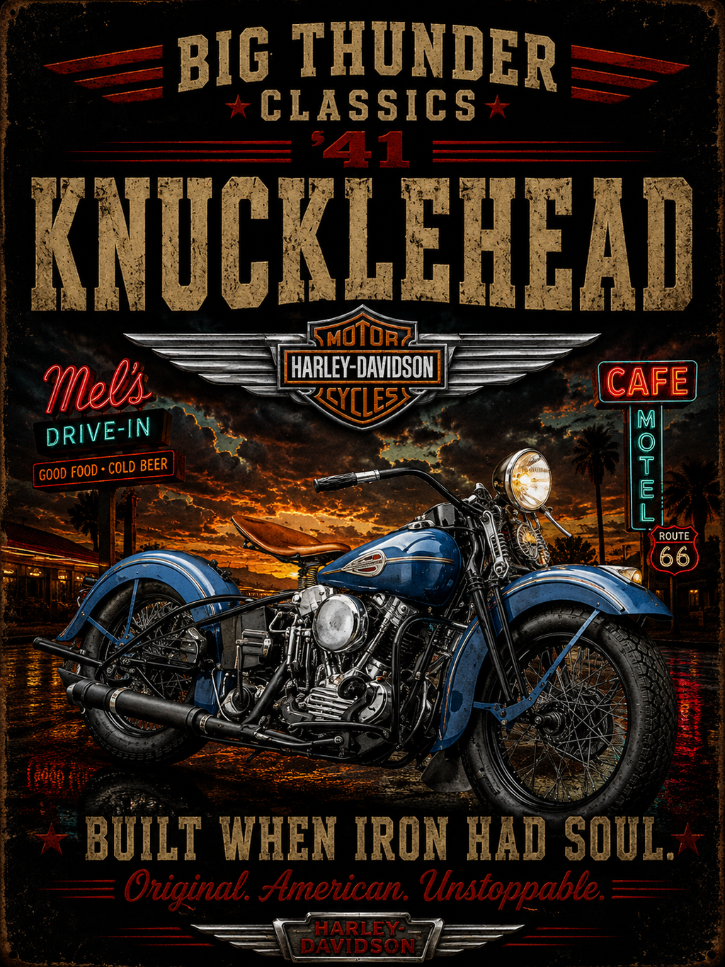 Knucklehead Motorcycle Poster T-shirt | Vintage Big Thunder Classics