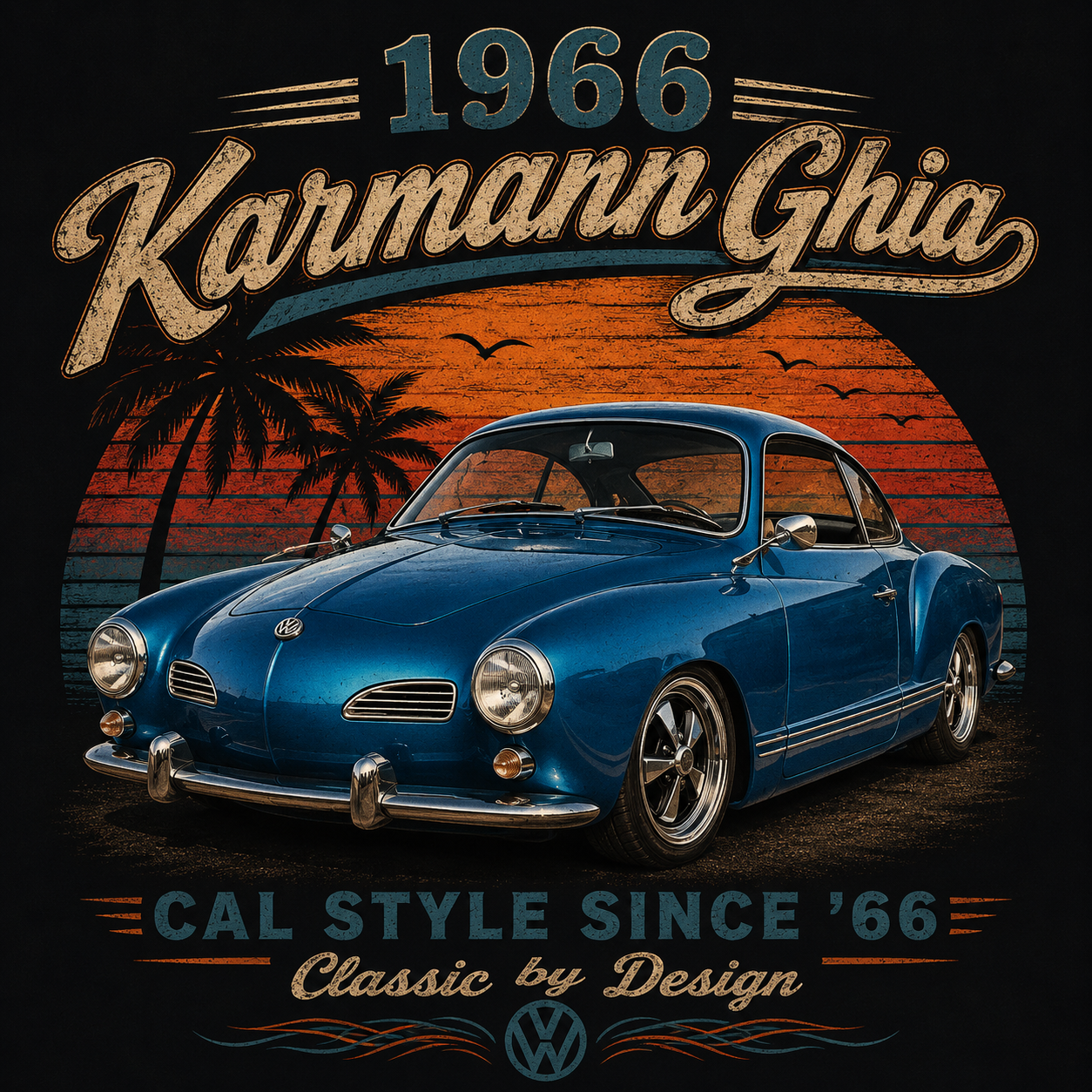 1966 Karmann Ghia Classic Car T-Shirt | Vintage VW Beach Sunset