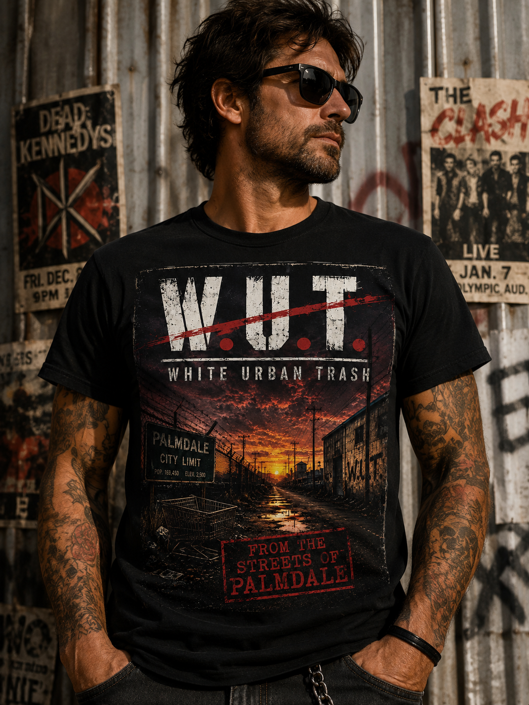 WUT "White Urban Trash" Graphic T-Shirt — Distressed Cityscape Tee