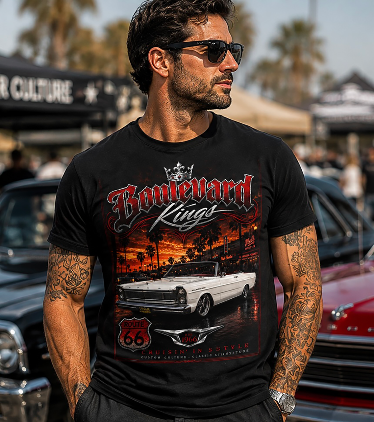 Boulevard King T-Shirt — Vintage Classic Car Route 66 Sunset Graphic Tee