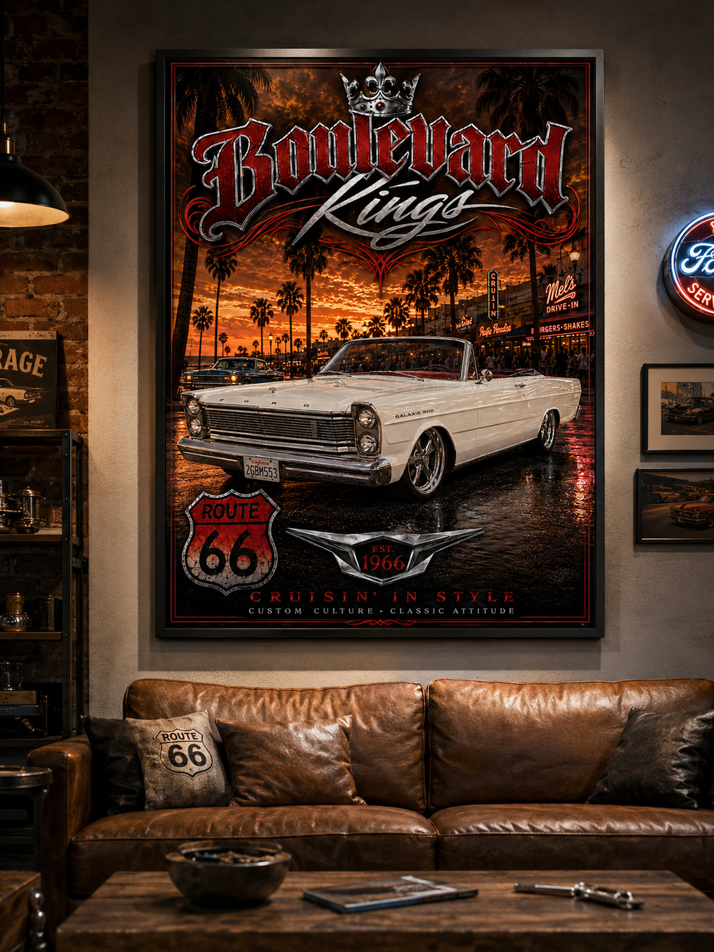Boulevard Kings Classic Car Poster — Route 66 Vintage Sunset