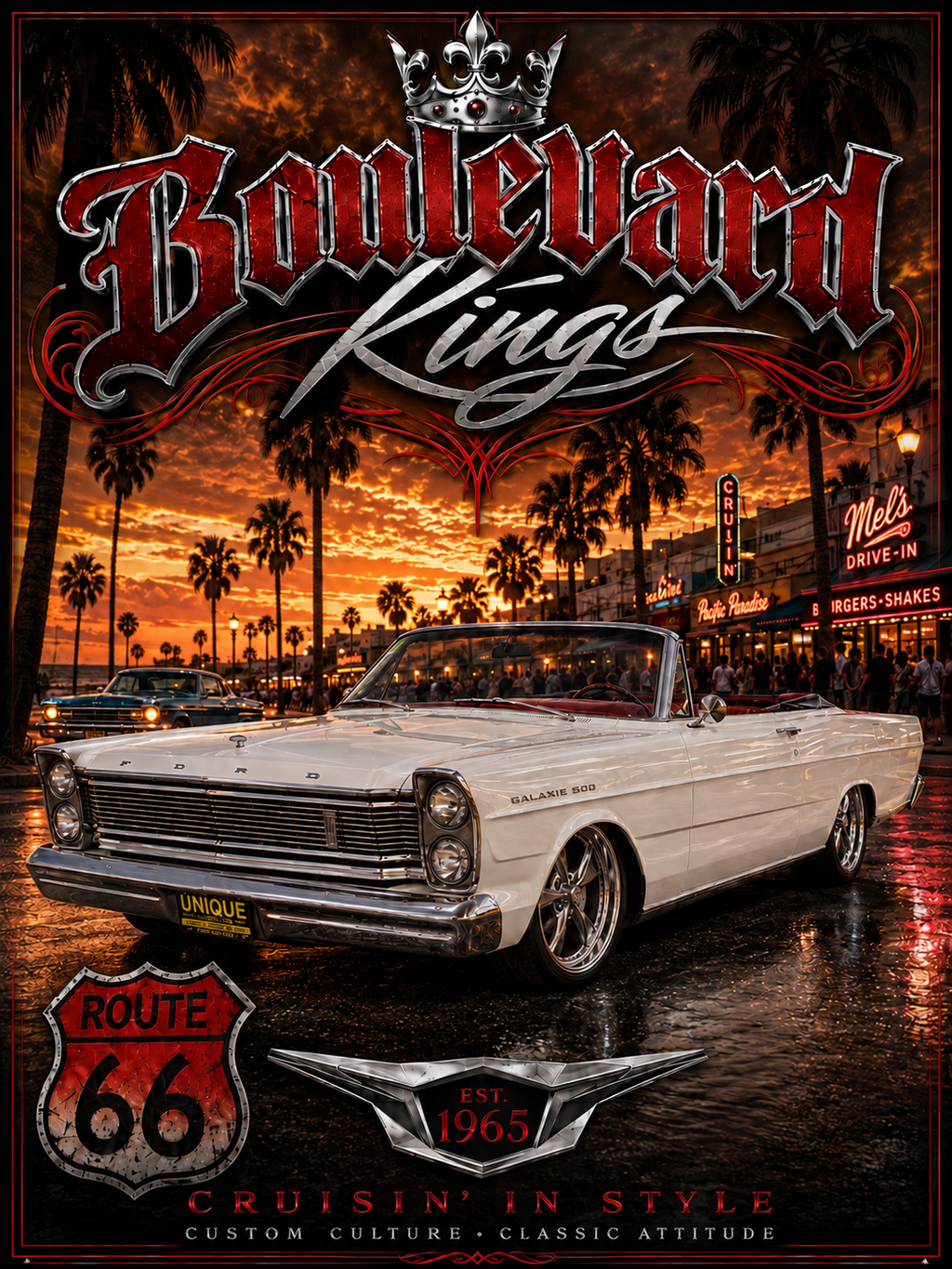 Boulevard Kings Classic Car Poster — Route 66 Vintage Sunset