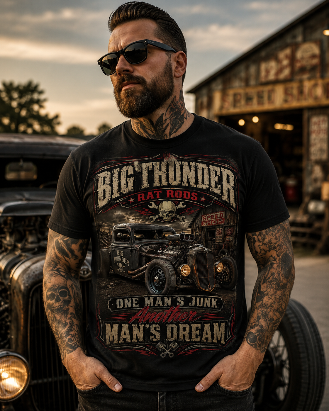 Big Thunder Rat Rod Vintage Car T-Shirt — "One Man's Junk, Man's Dream"