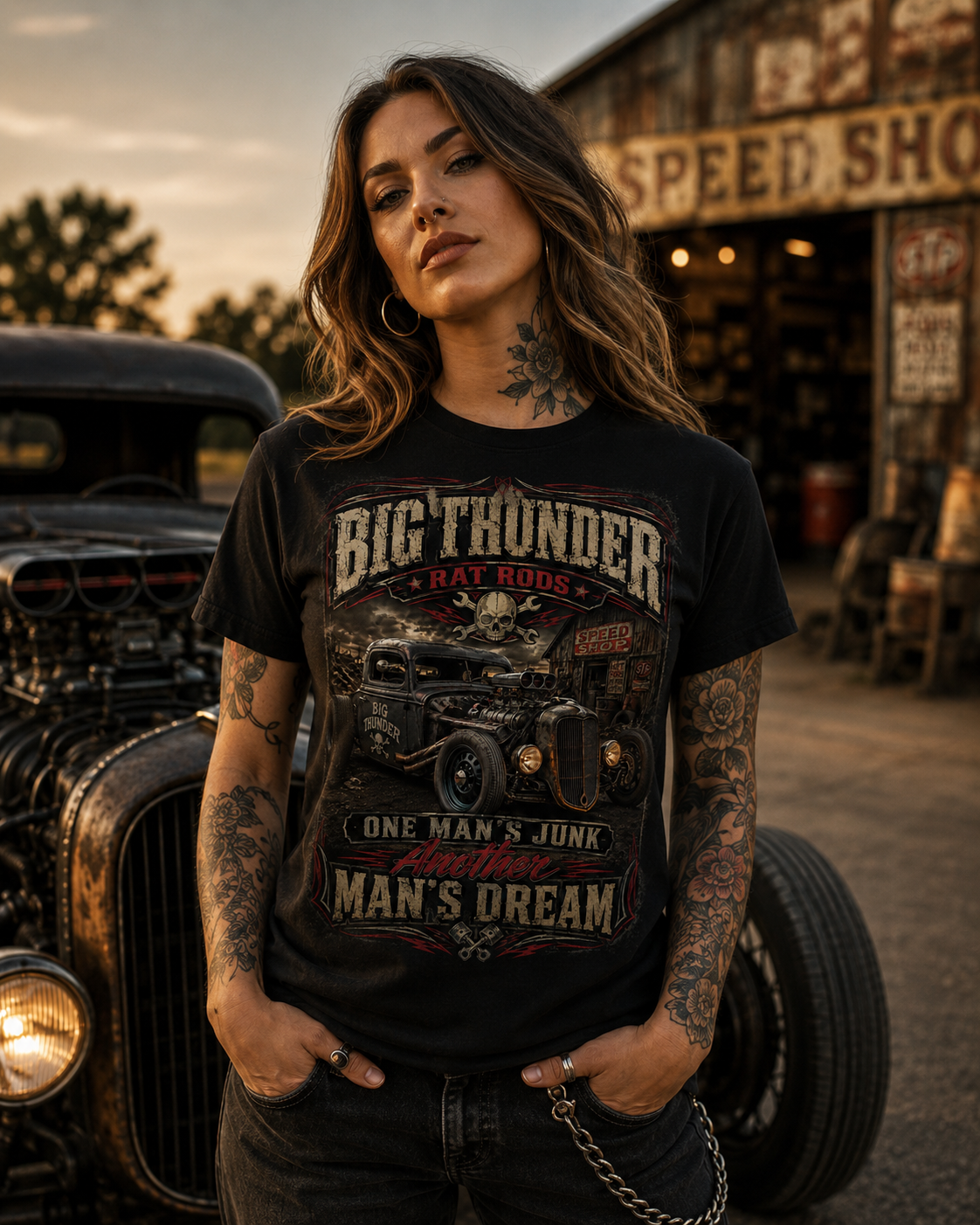 Big Thunder Rat Rod Vintage Car T-Shirt — "One Man's Junk, Man's Dream"