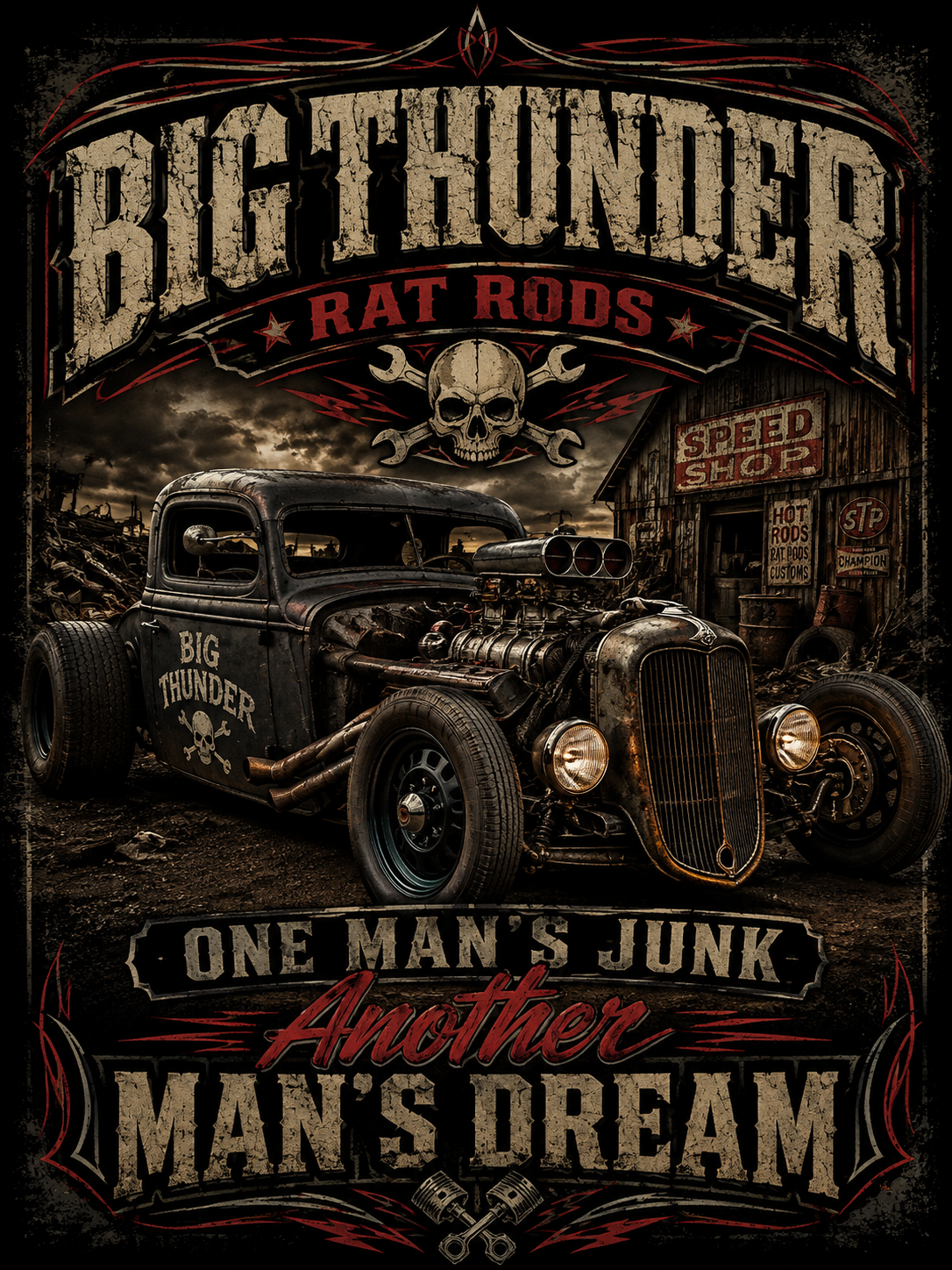 Big Thunder Rat Rod Vintage Car T-Shirt — "One Man's Junk, Man's Dream"