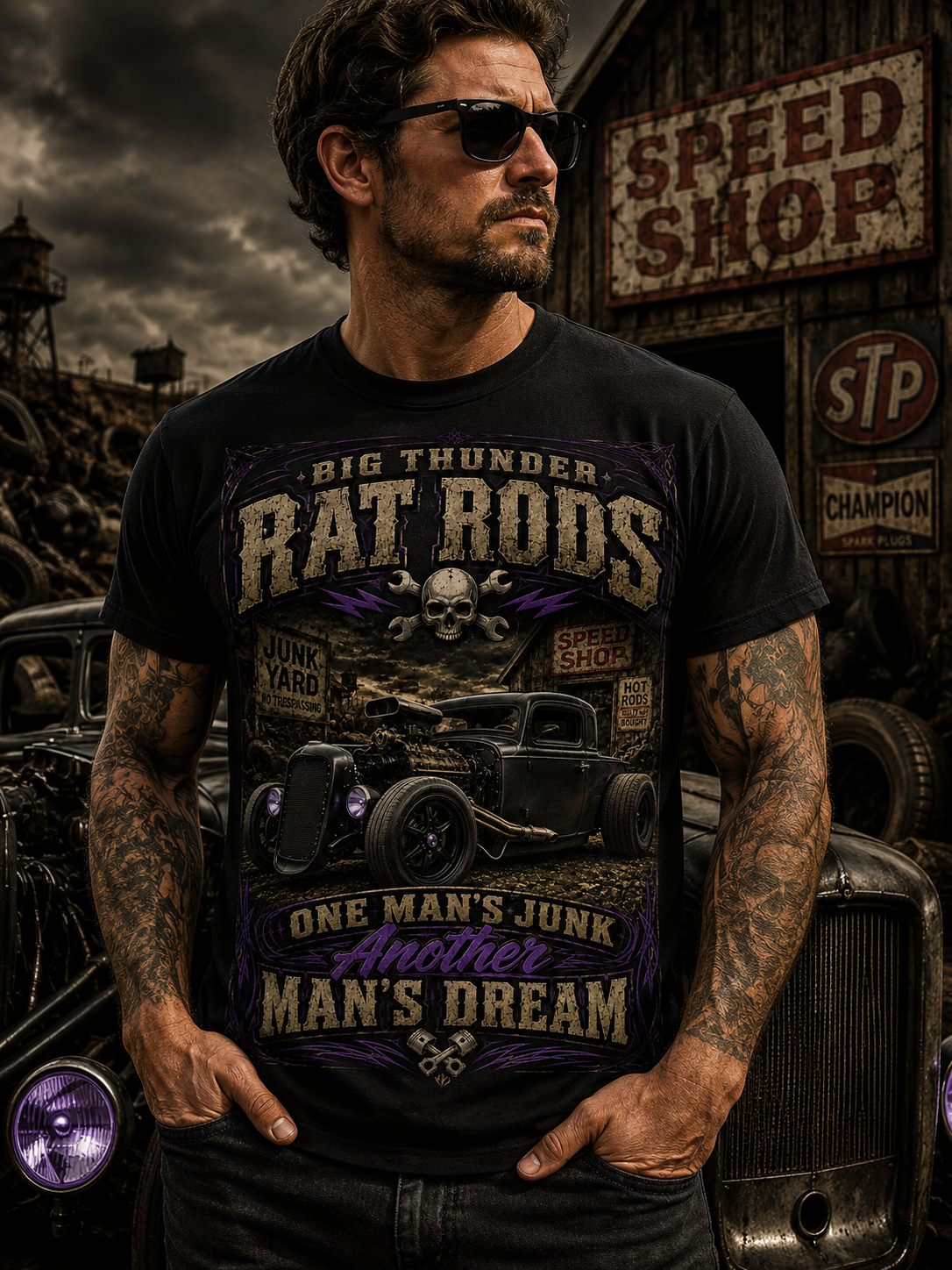 Rat Rods Vintage Car T-Shirt — "Big Thunder" Hot Rod Graphic