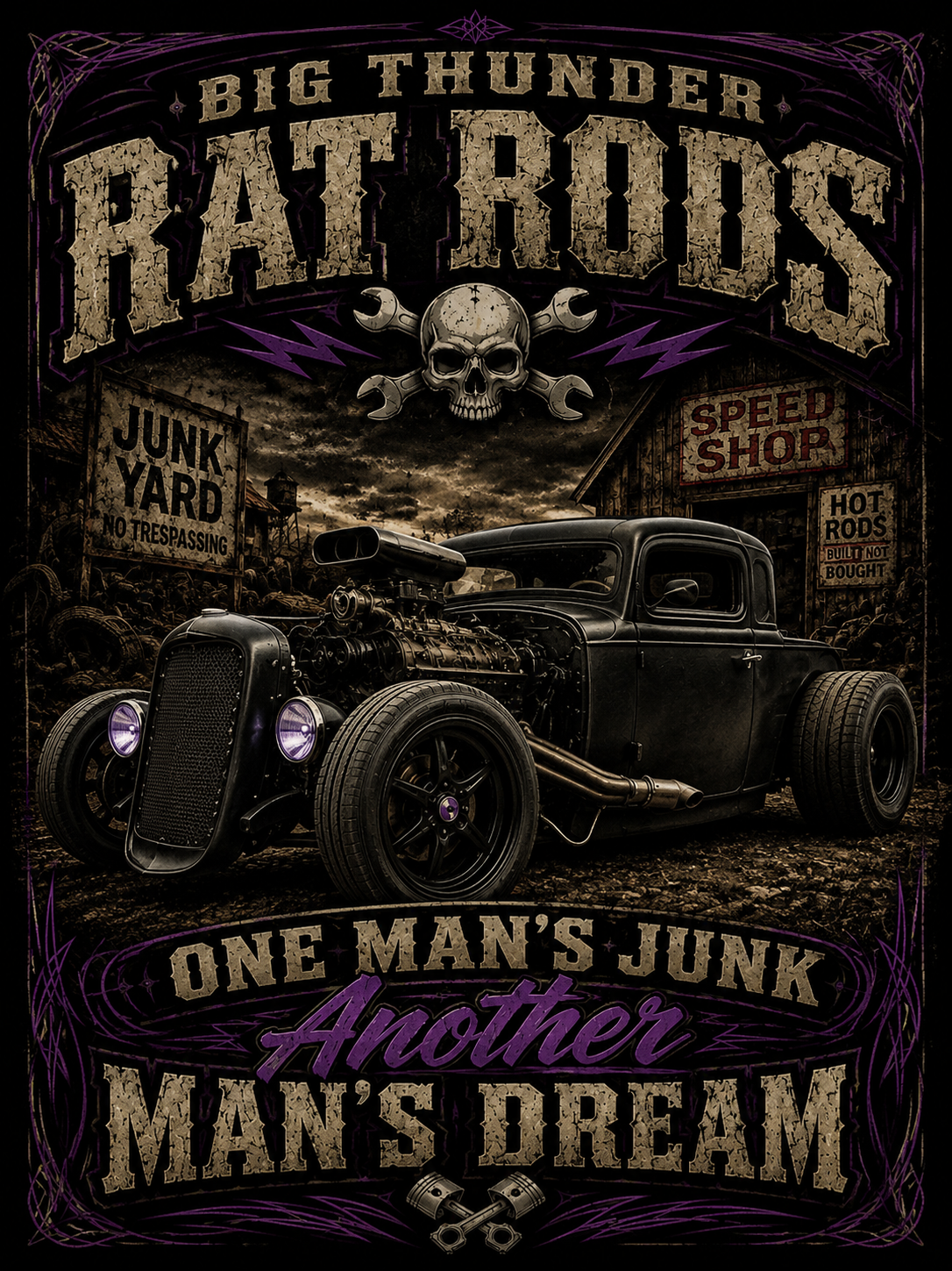 Rat Rods Vintage Car T-Shirt — "Big Thunder" Hot Rod Graphic