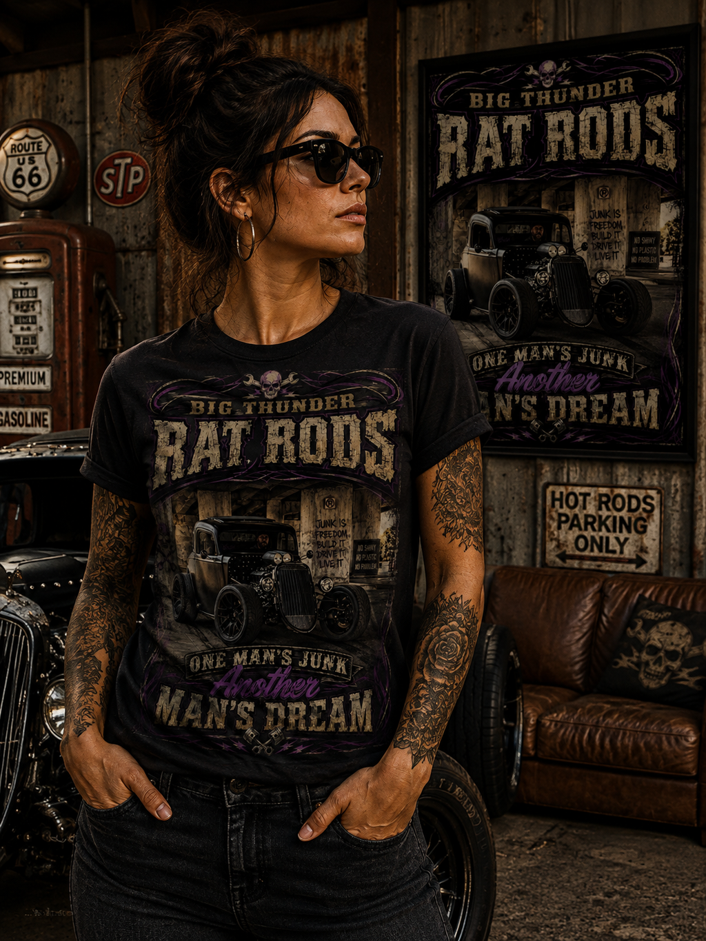 Rat Rods Vintage T-Shirt — "Big Thunder" Hot Rod Car Garage Tee