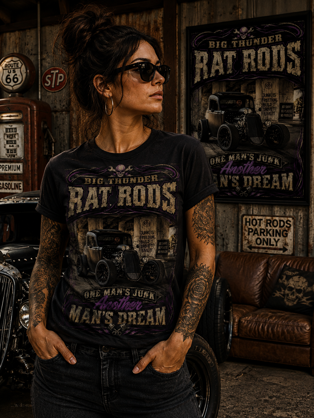 Rat Rods Vintage T-Shirt — "Big Thunder" Hot Rod Car Garage Tee