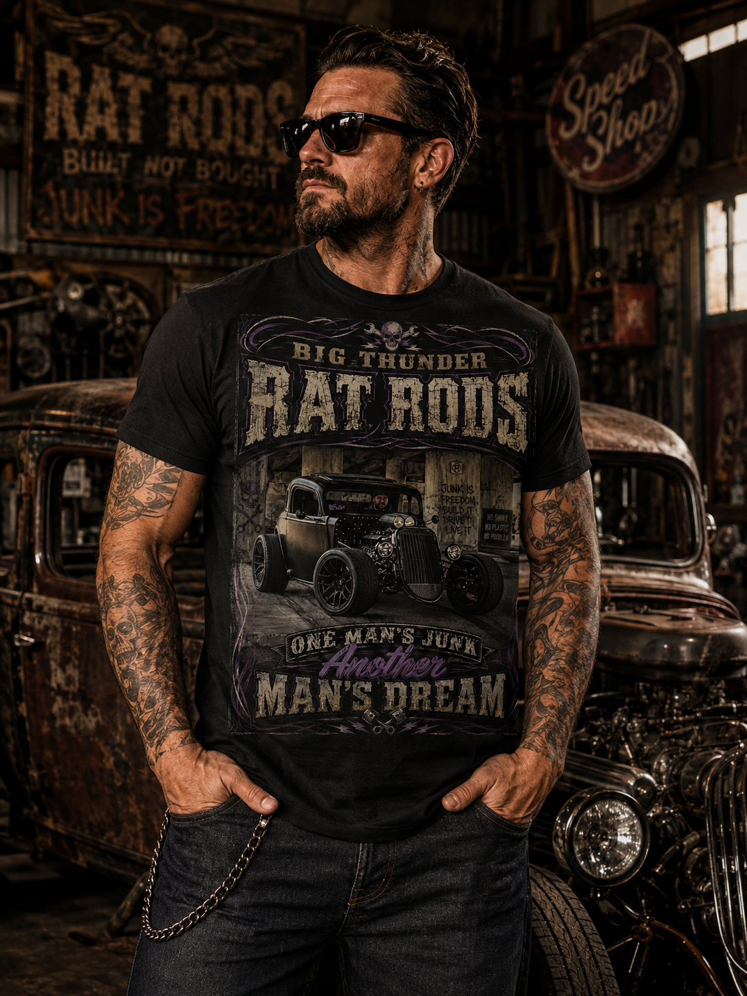 Rat Rods Vintage T-Shirt — "Big Thunder" Hot Rod Car Garage Tee