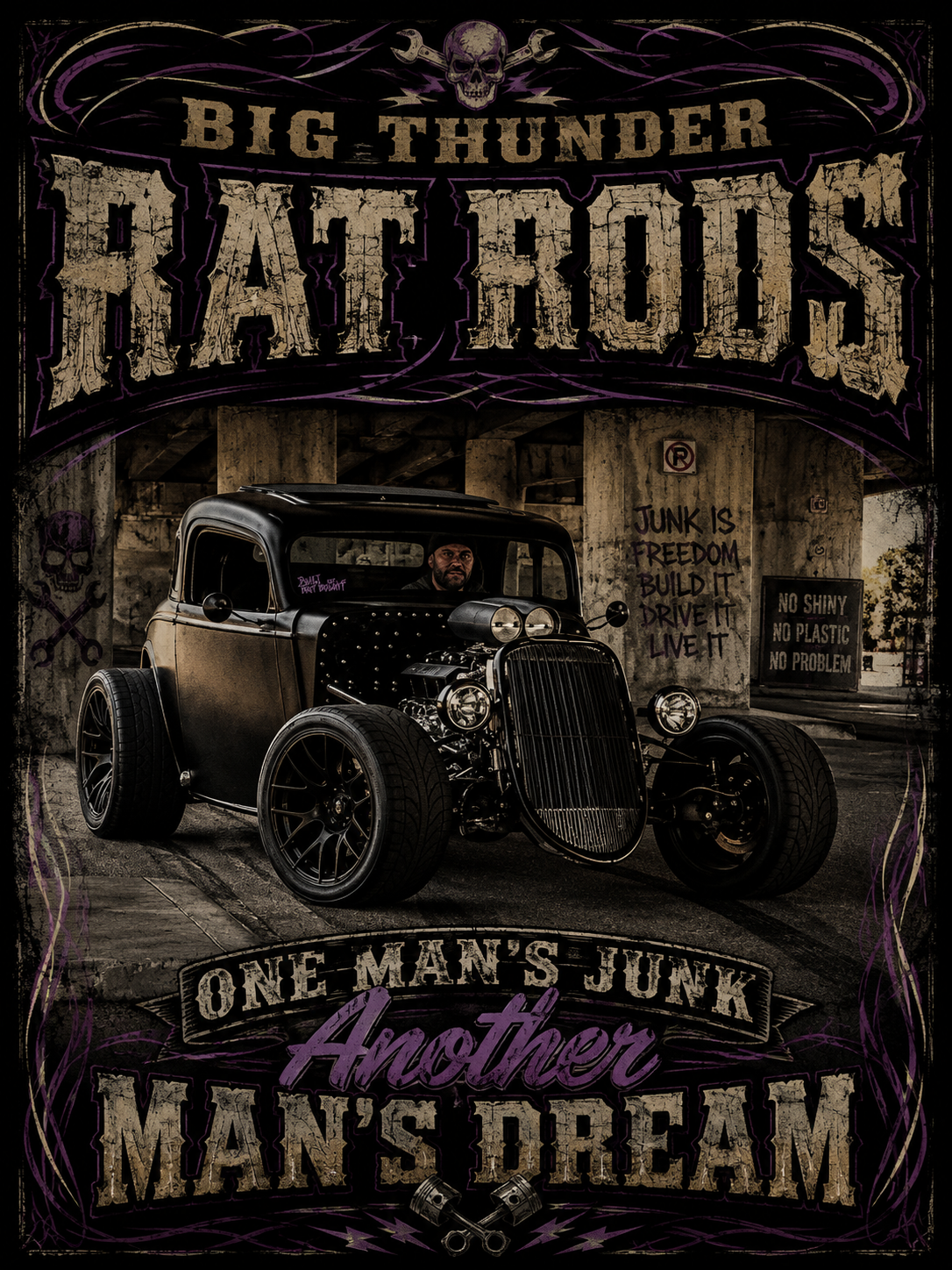 Rat Rods Vintage T-Shirt — "Big Thunder" Hot Rod Car Garage Tee