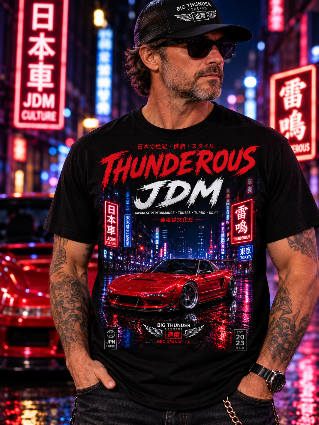 Thunderous JDM Tee — Retro Neon Sports Car Graphic Shirt