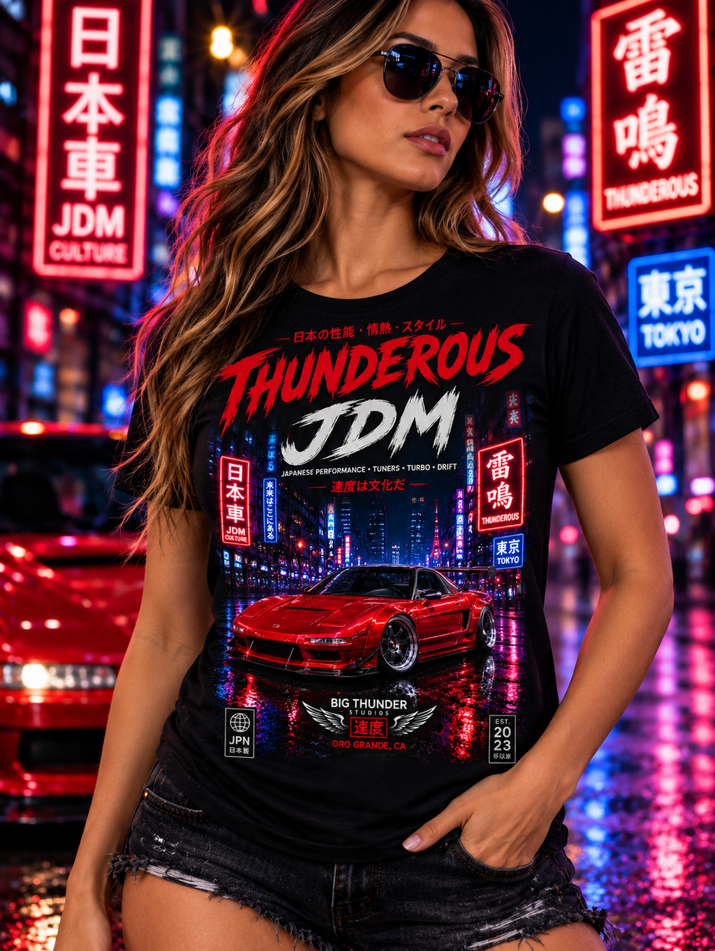 Thunderous JDM Tee — Retro Neon Sports Car Graphic Shirt