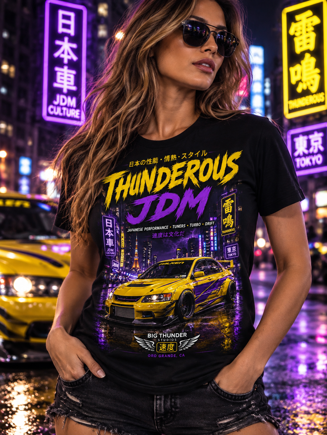 Thunderous JDM Racing T-Shirt — Neon Night Skyline Car Graphic