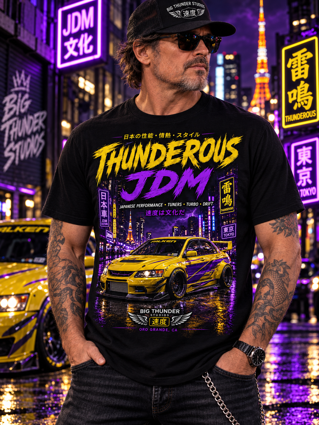 Thunderous JDM Racing T-Shirt — Neon Night Skyline Car Graphic