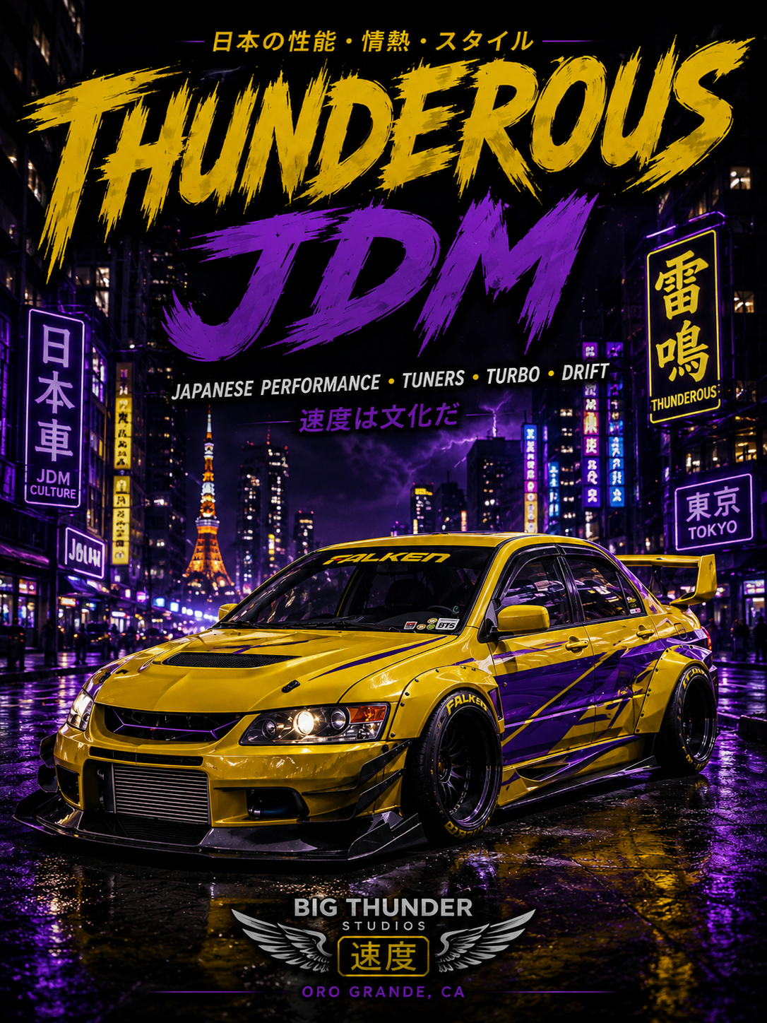 Thunderous JDM Racing T-Shirt — Neon Night Skyline Car Graphic