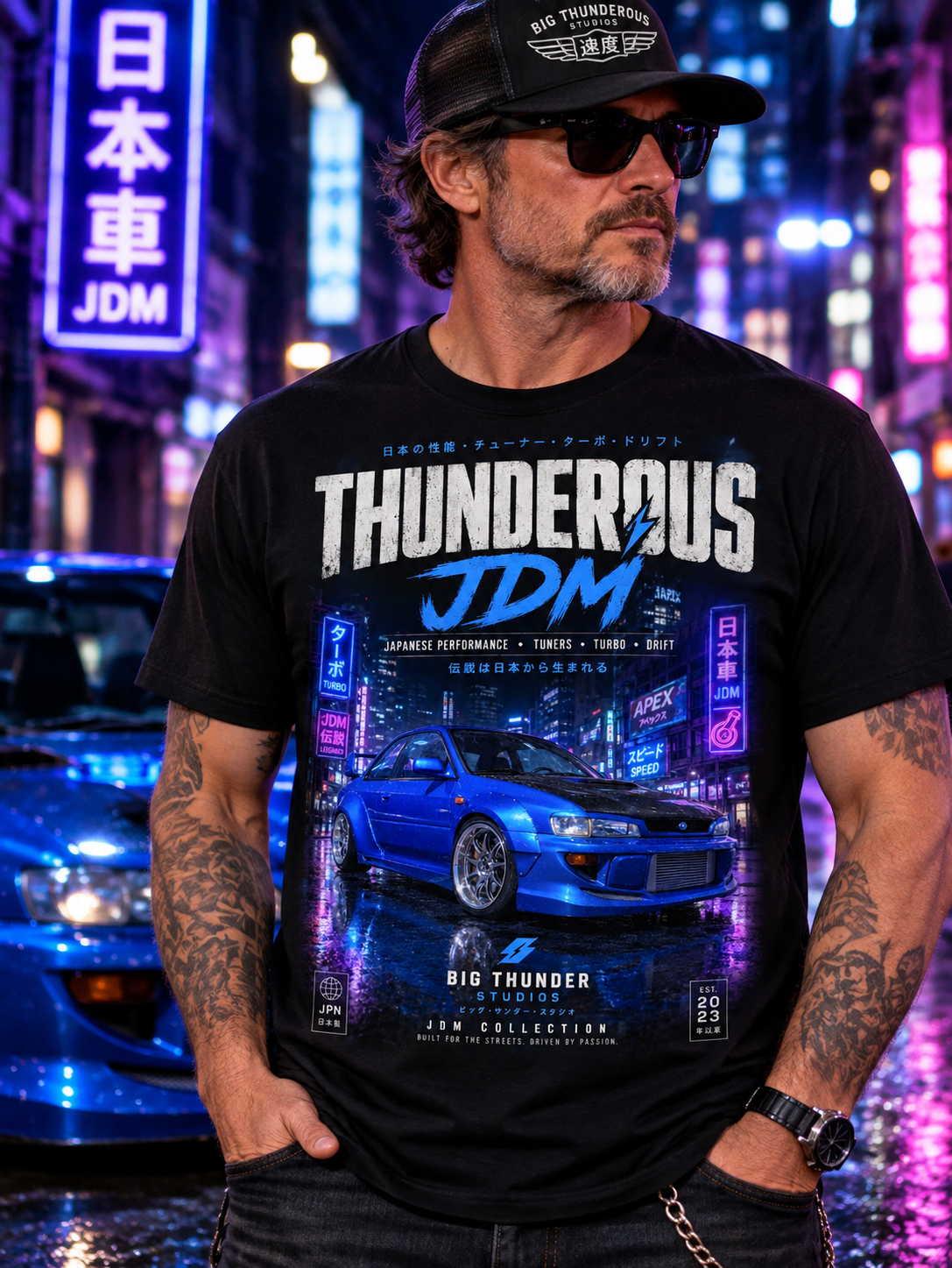 JDM Thunderous Car T‑Shirt — Blue Skyline Racing Graphic