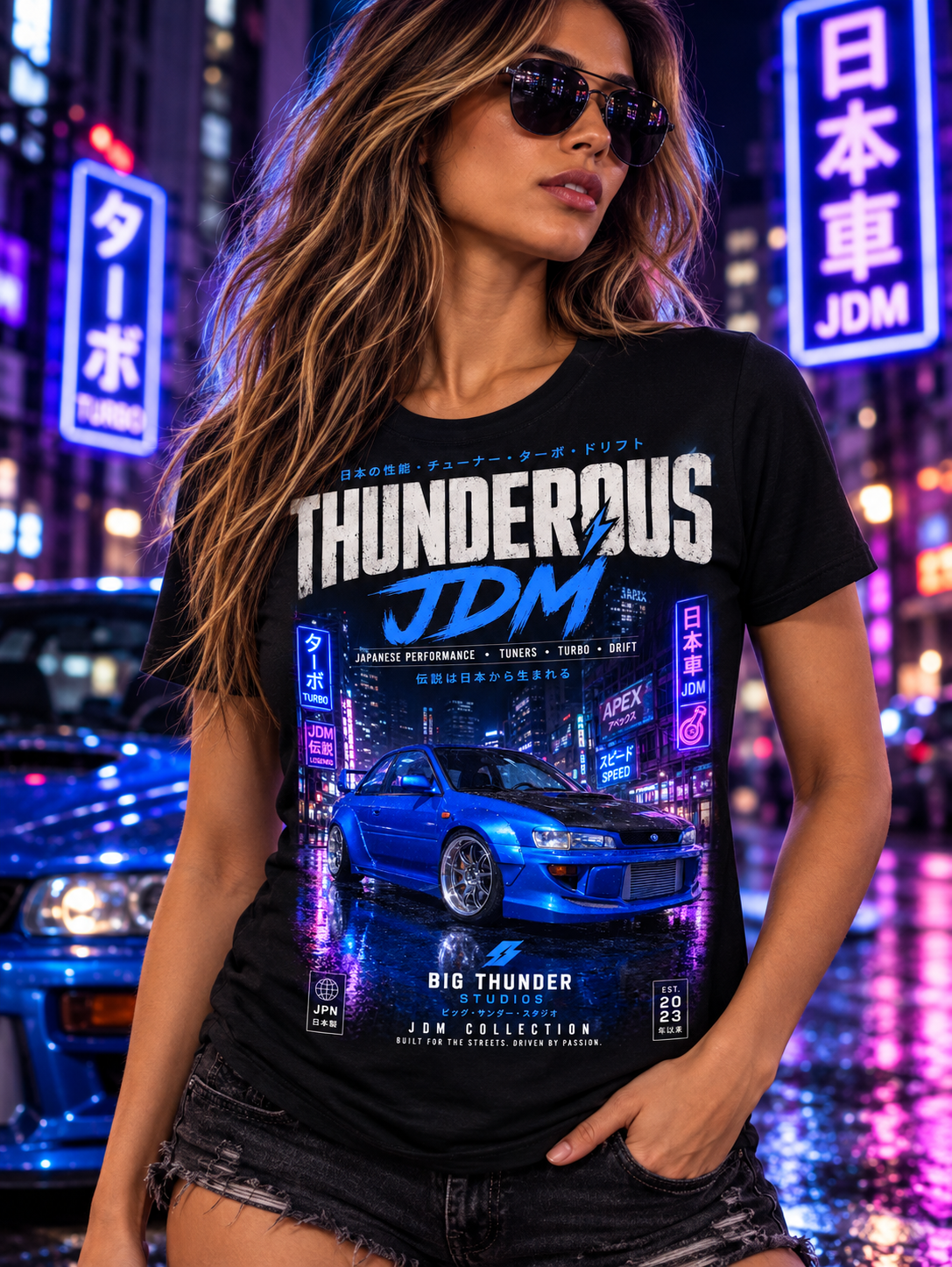 JDM Thunderous Car T‑Shirt — Blue Skyline Racing Graphic