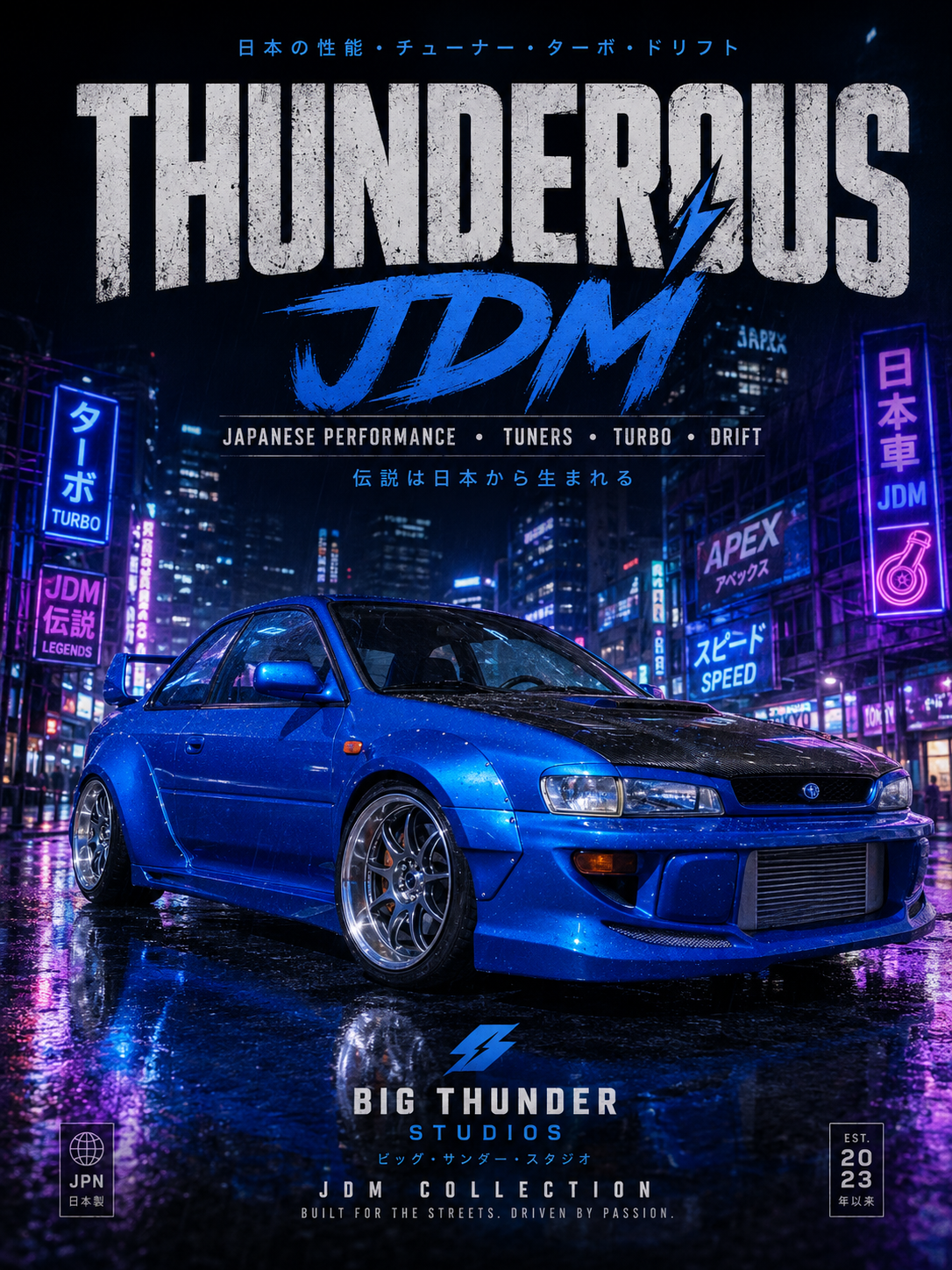 JDM Thunderous Car T‑Shirt — Blue Skyline Racing Graphic