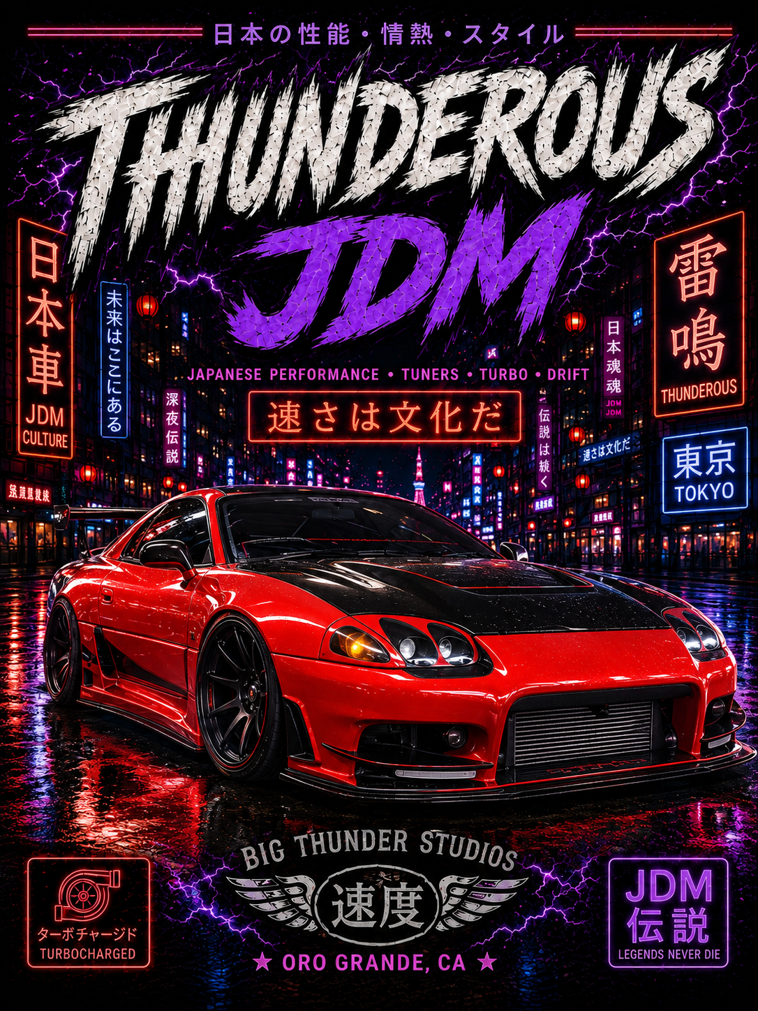 Thunderous JDM Tee — Neon Night Skyline Sports Car T-Shirt