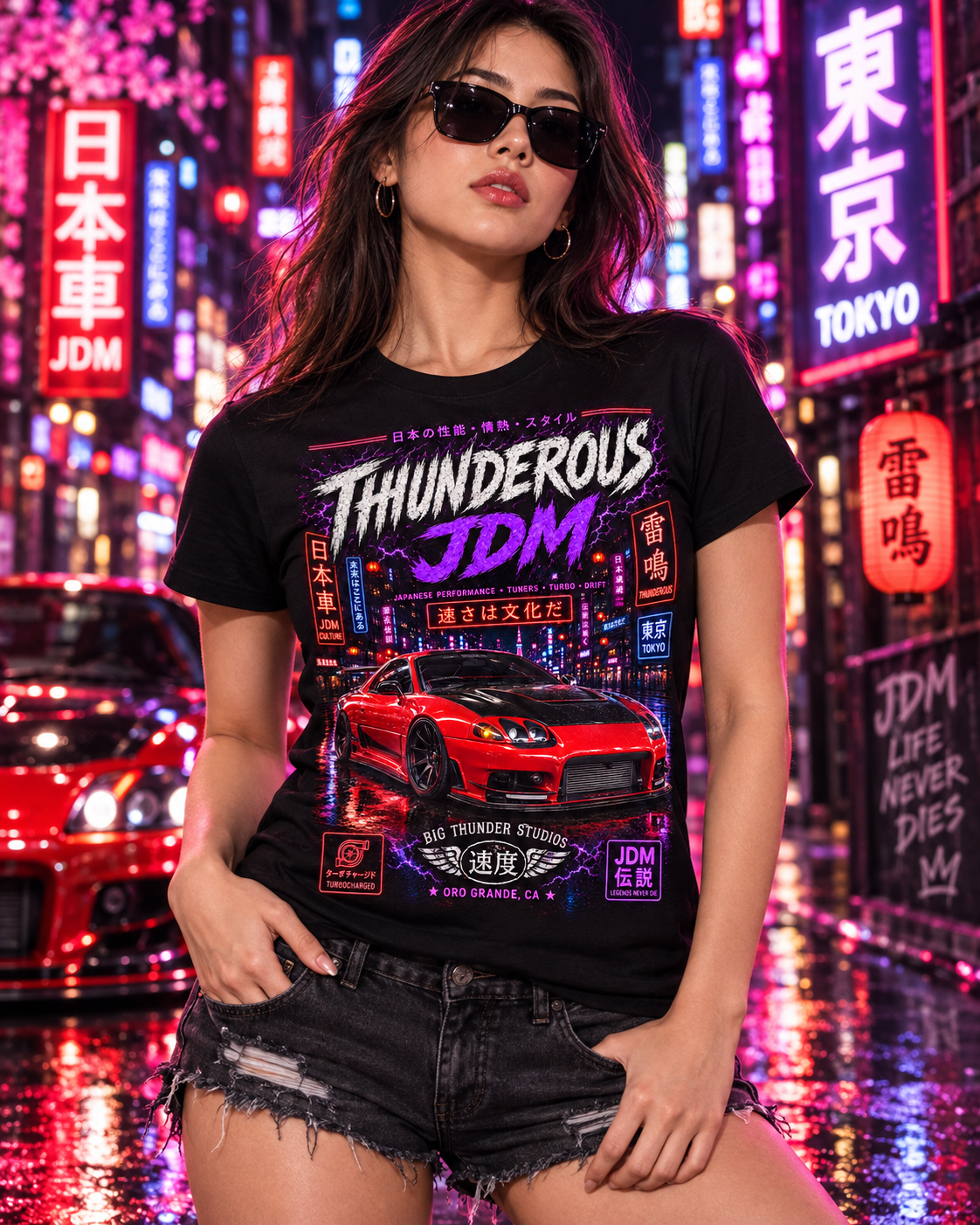 Thunderous JDM Tee — Neon Night Skyline Sports Car T-Shirt