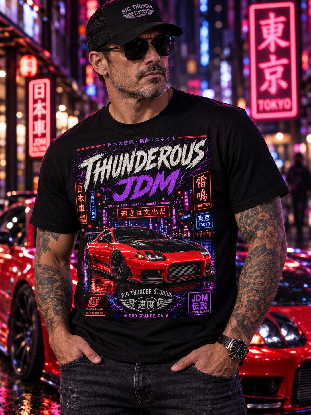 Thunderous JDM Tee — Neon Night Skyline Sports Car T-Shirt