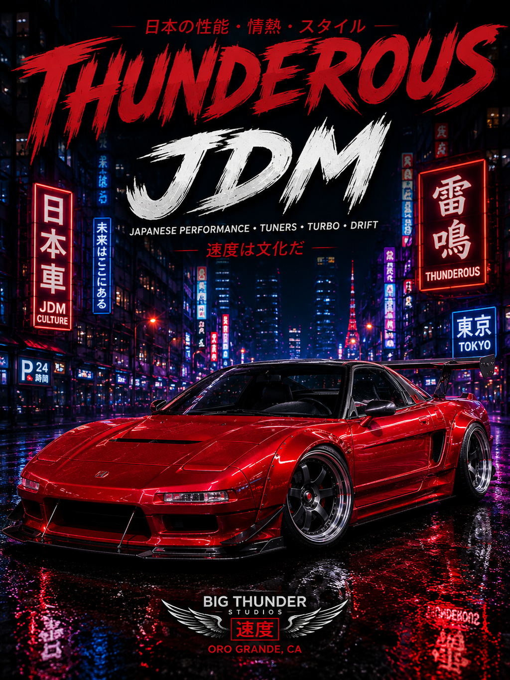 Thunderous JDM Poster — Red Retro Nissan Sports Car Matte Vertical Print
