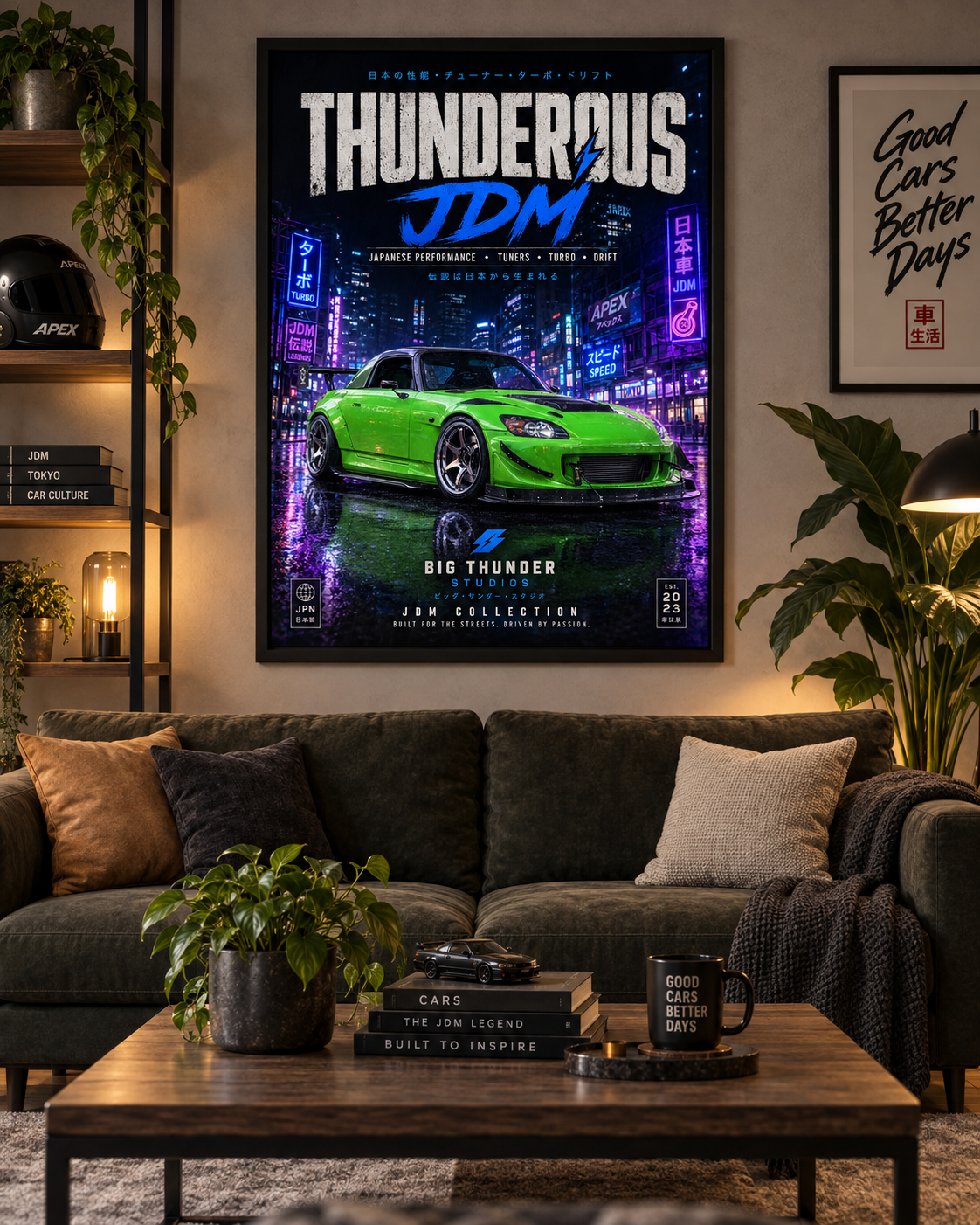 JDM Thunderous Matte Poster — Neon Night Green Sports Car Print