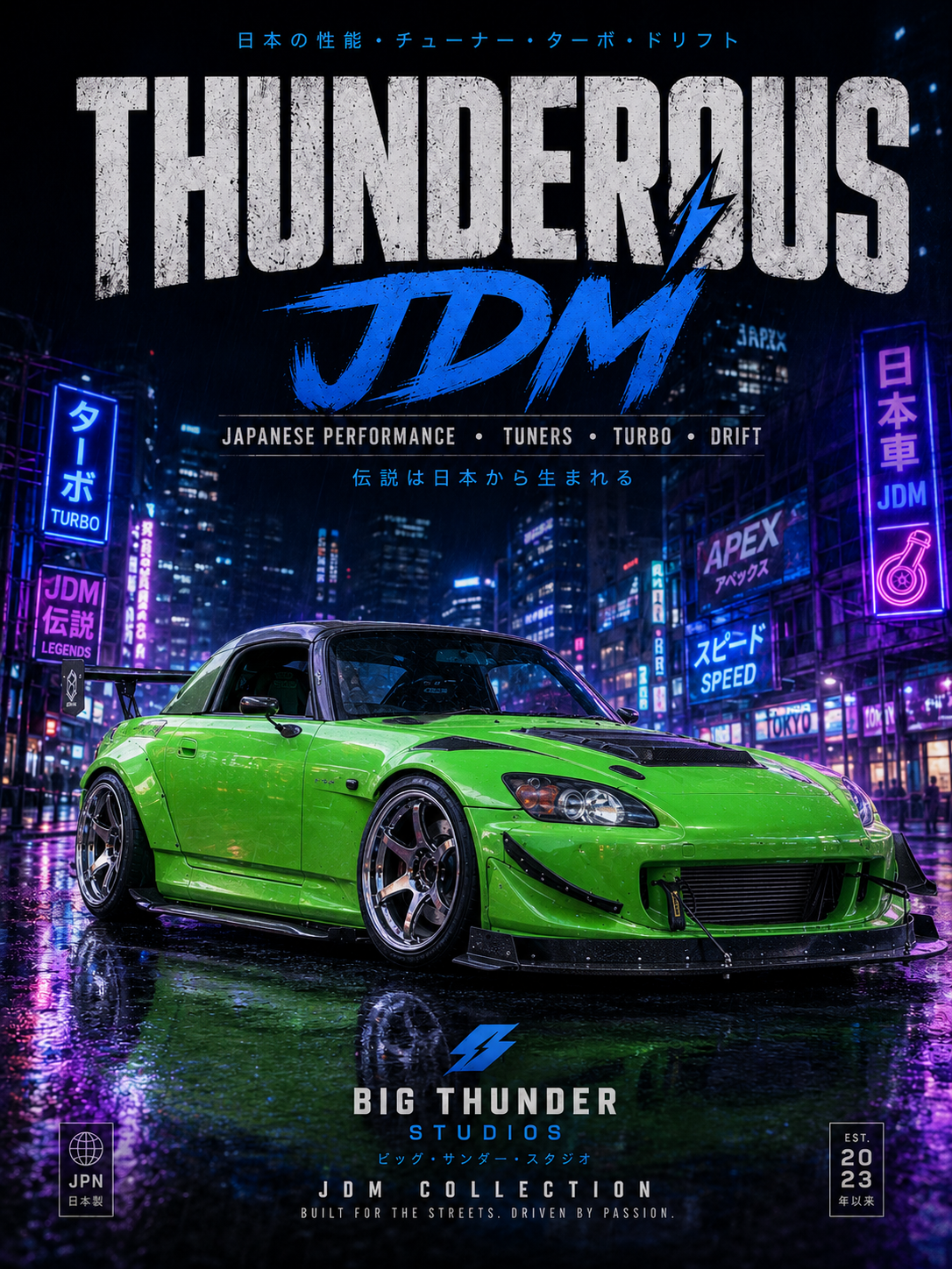 JDM Thunderous Matte Poster — Neon Night Green Sports Car Print