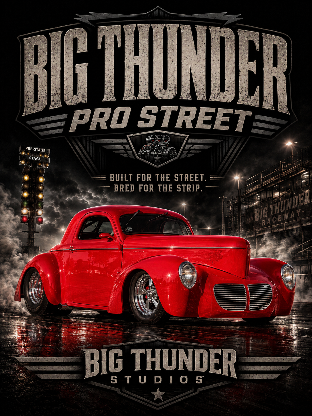 Big Thunder Pro Street Vintage Red Hotrod Matte Poster — Garage Wall Art