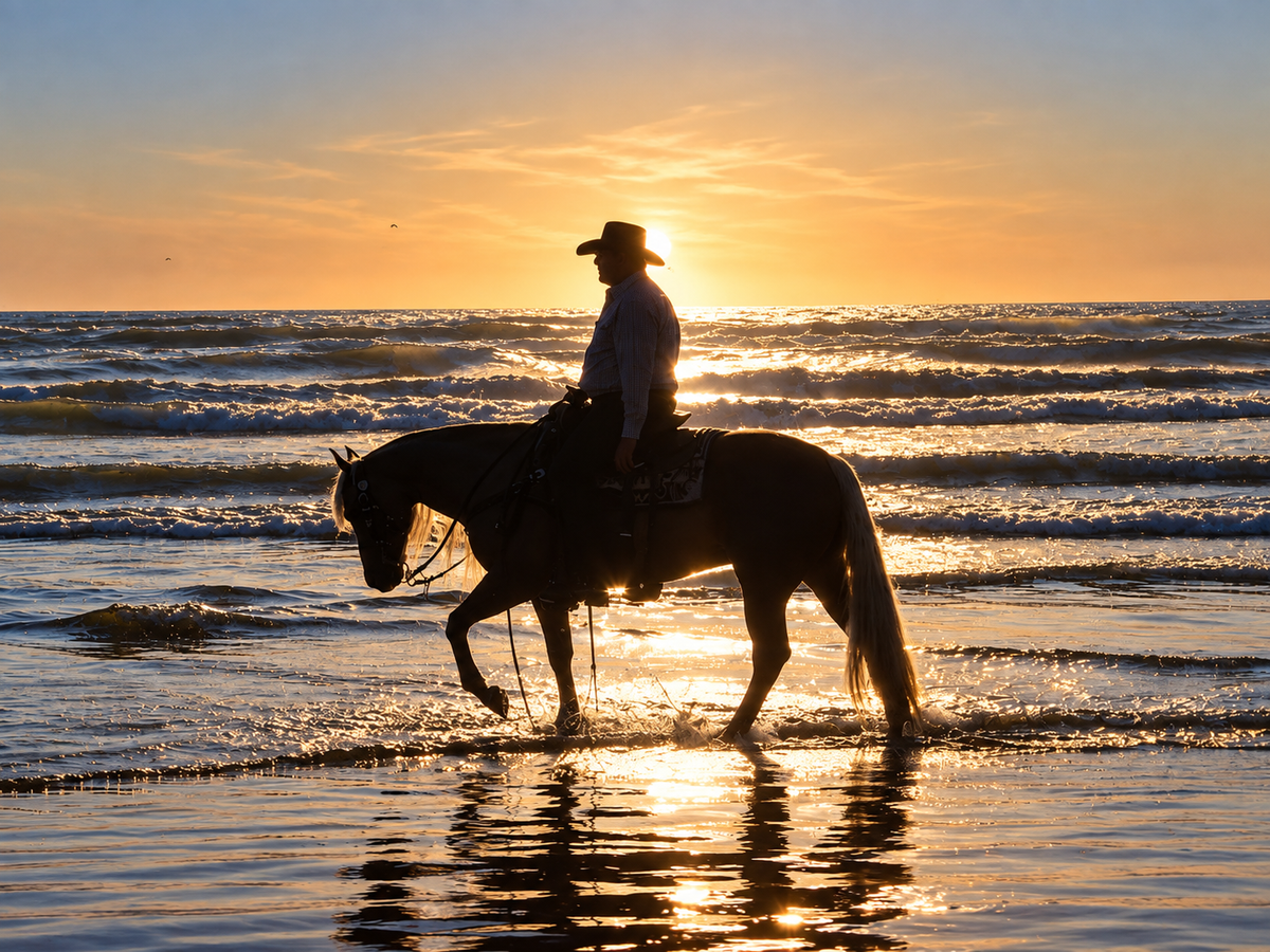 Cowboy on Beach Matte Poster — Silhouette Horse Wall Art